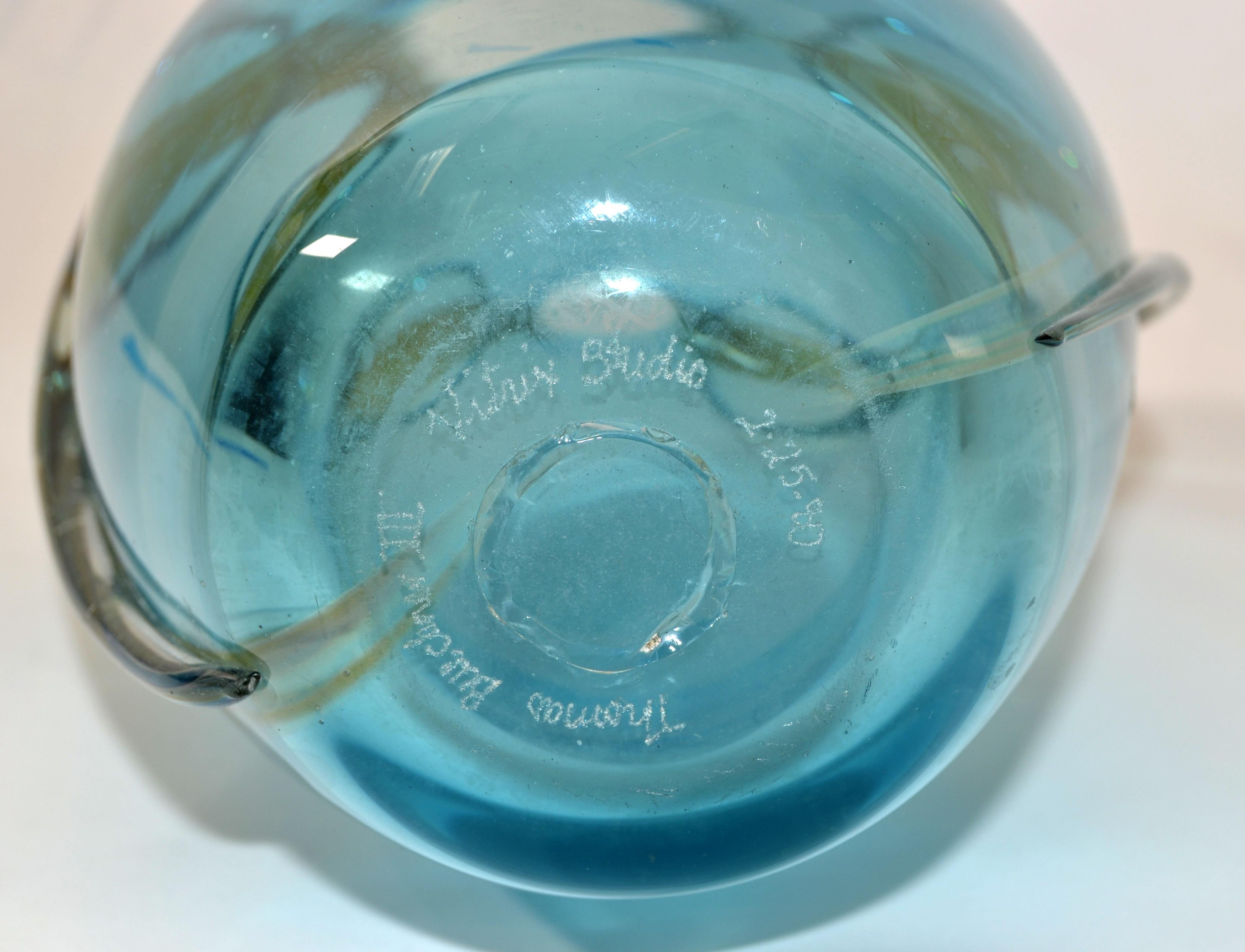 Vitrix Studio Blown Light Blue & Gold Art Glass Vase Thomas Buechner Op Art 80s For Sale 5