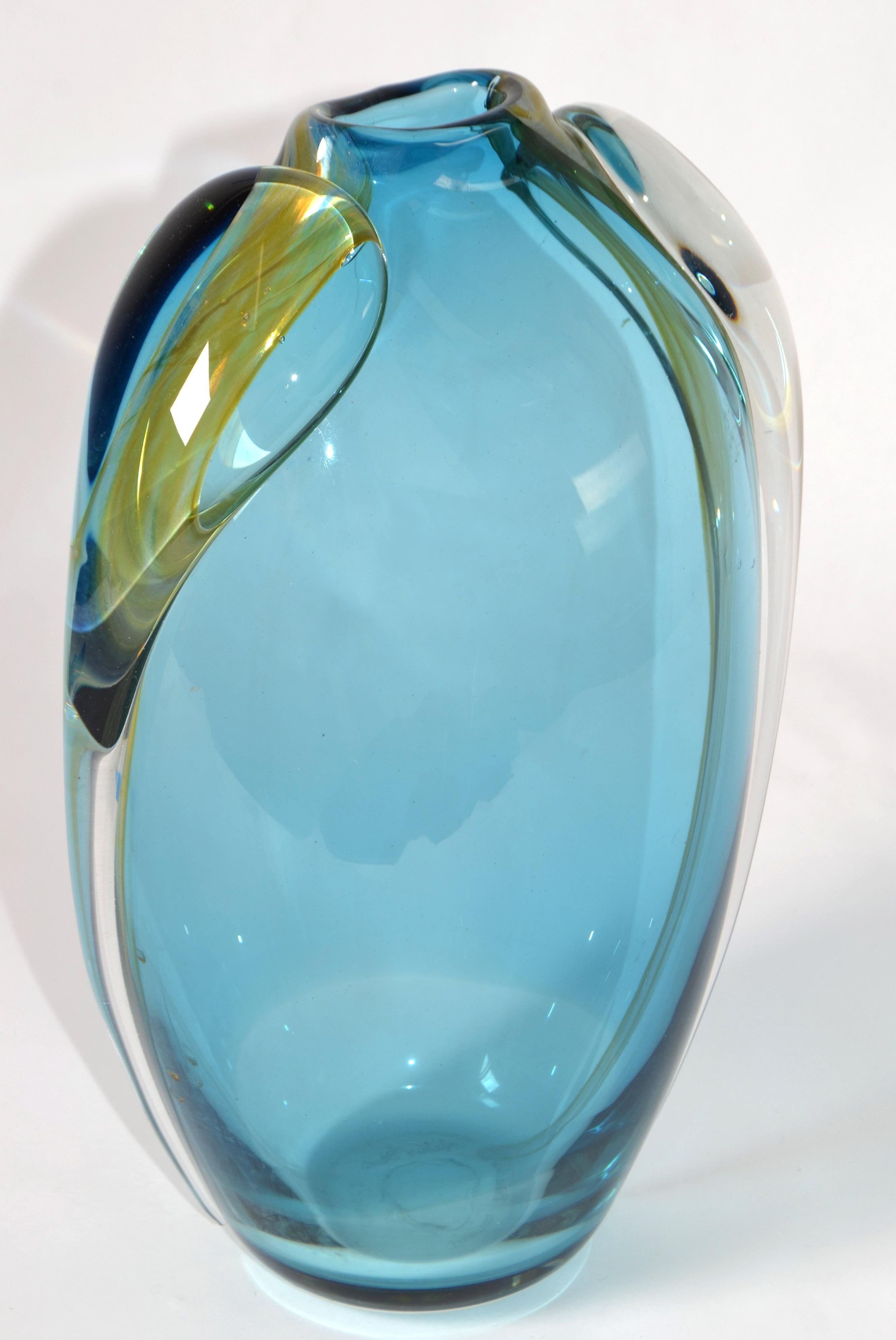 Mid-Century Modern Vitrix Studio Blown Light Blue & Gold Art Glass Vase Thomas Buechner Op Art 80s For Sale