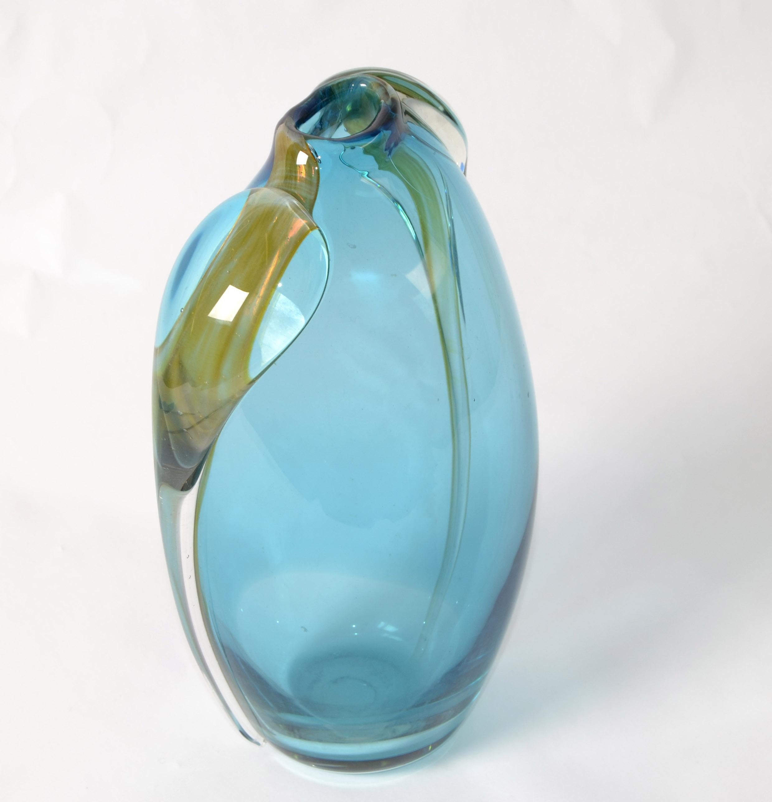 American Vitrix Studio Blown Light Blue & Gold Art Glass Vase Thomas Buechner Op Art 80s For Sale