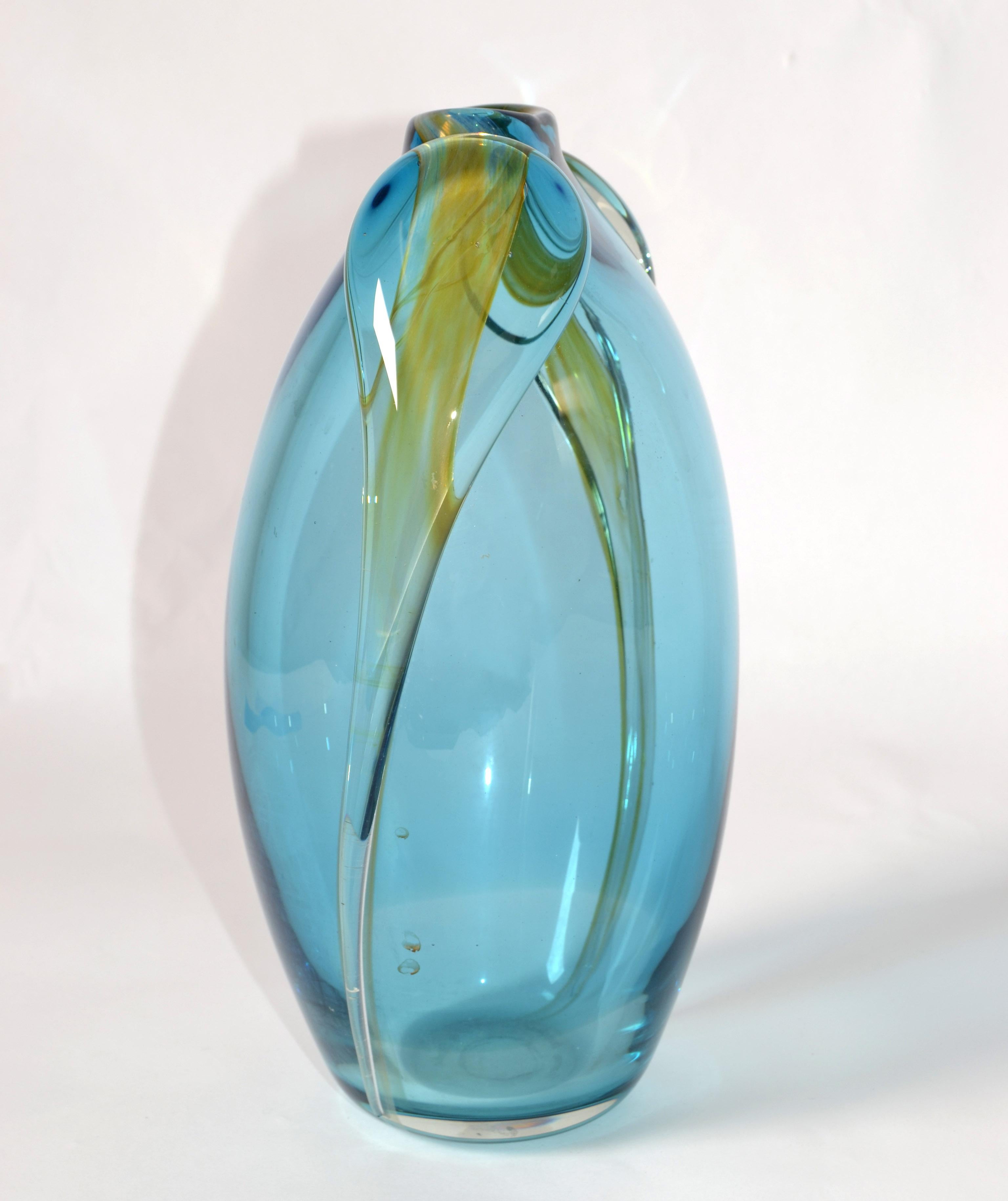 Hand-Crafted Vitrix Studio Blown Light Blue & Gold Art Glass Vase Thomas Buechner Op Art 80s For Sale