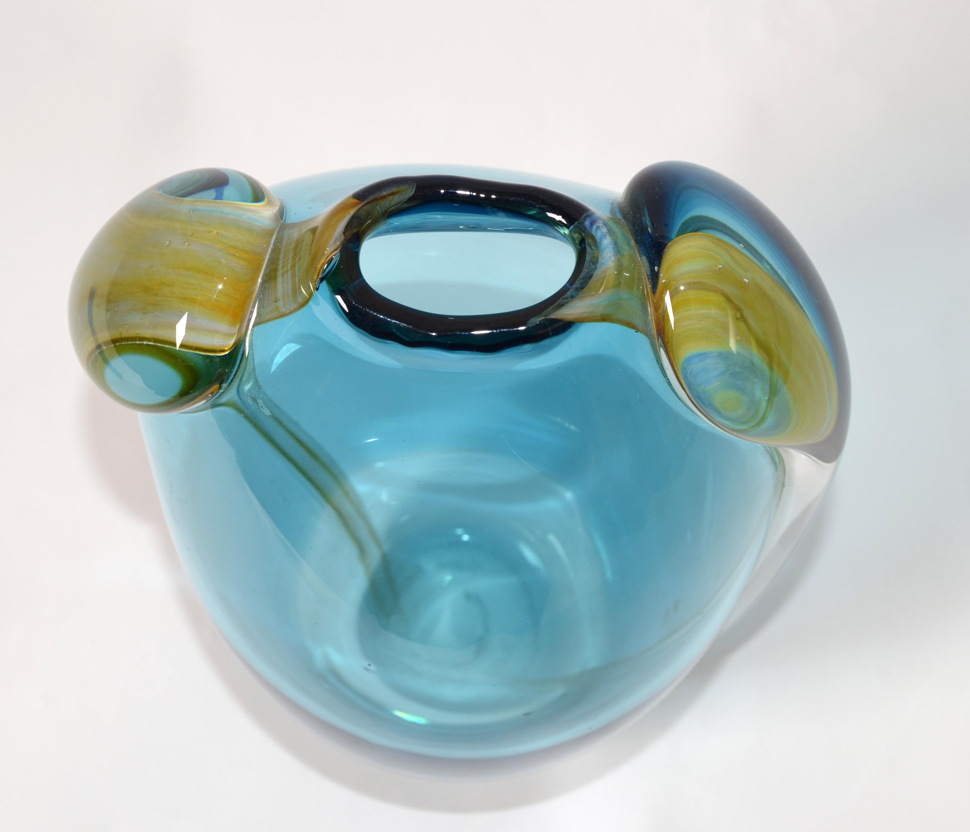 Vitrix Studio Blown Light Blue & Gold Art Glass Vase Thomas Buechner Op Art 80s For Sale 1