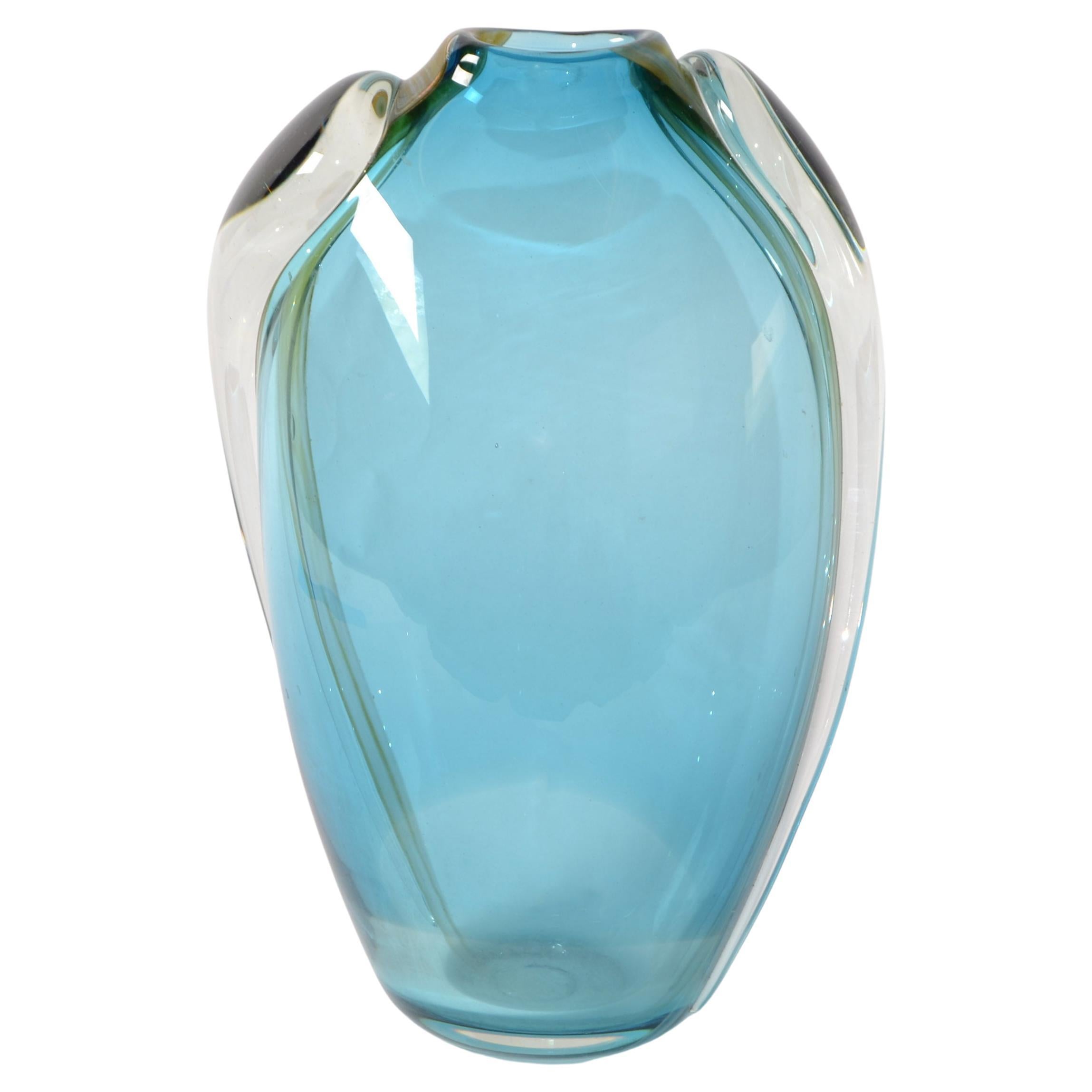 Vitrix Studio Blown Light Blue & Gold Art Glass Vase Thomas Buechner Op Art 80s For Sale