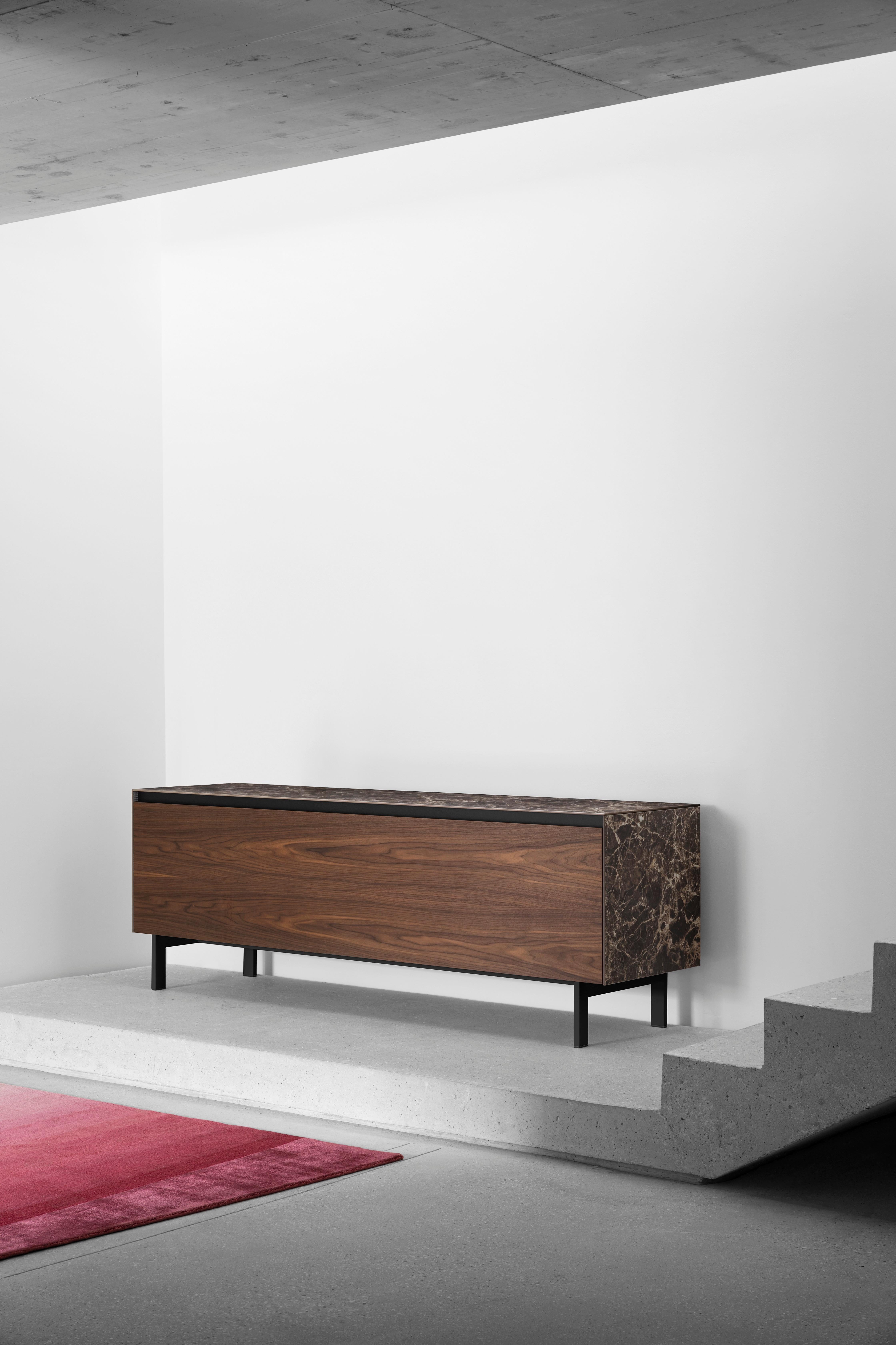 Modern Vitrum Sideboard in Black Lacquered Legs & Emperador Ceramic by Andrea Lucatello For Sale