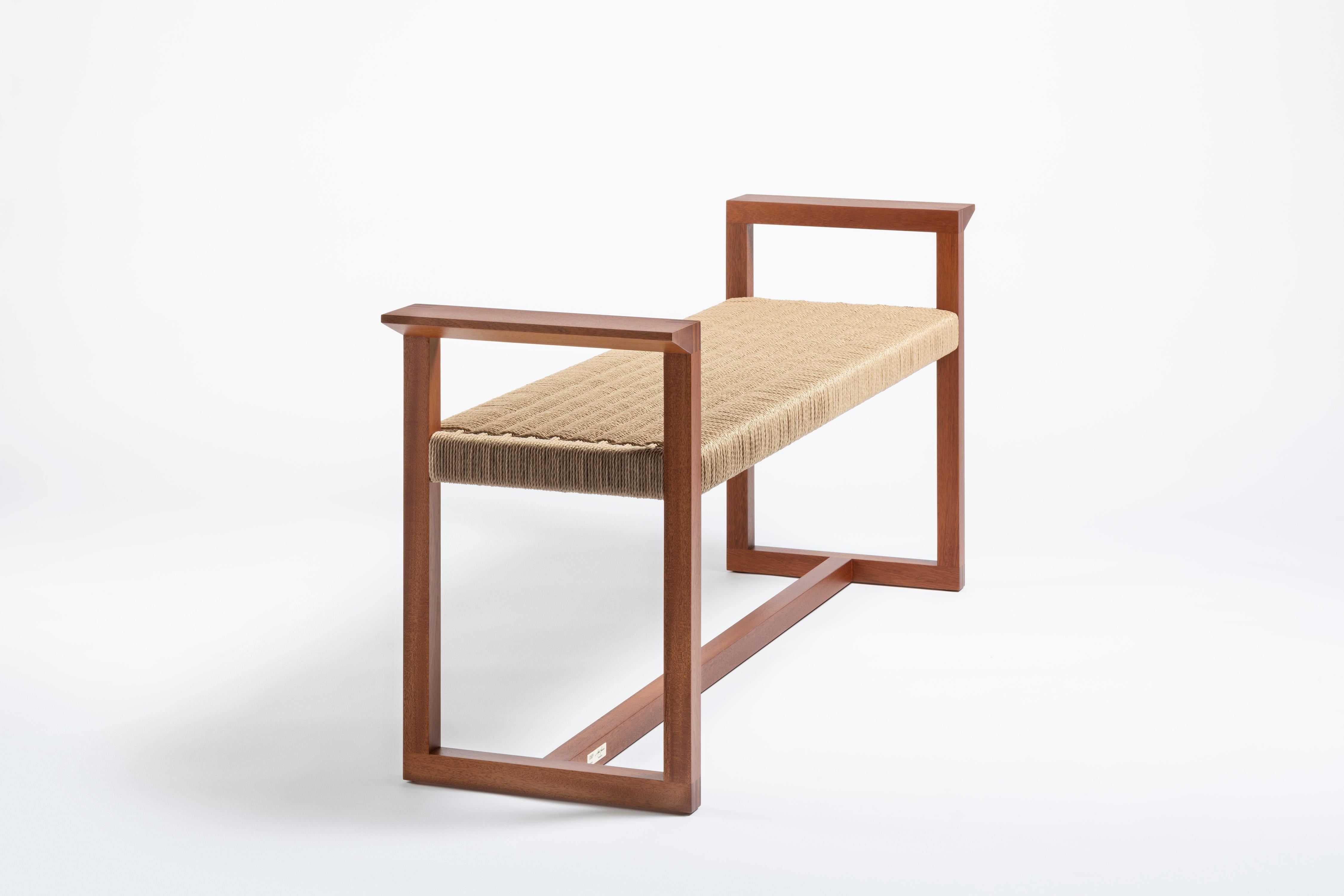 Minimalist Vitruvio Collection Solid Mahogany and Rope Bench CMP Design for Giordano Viganò For Sale