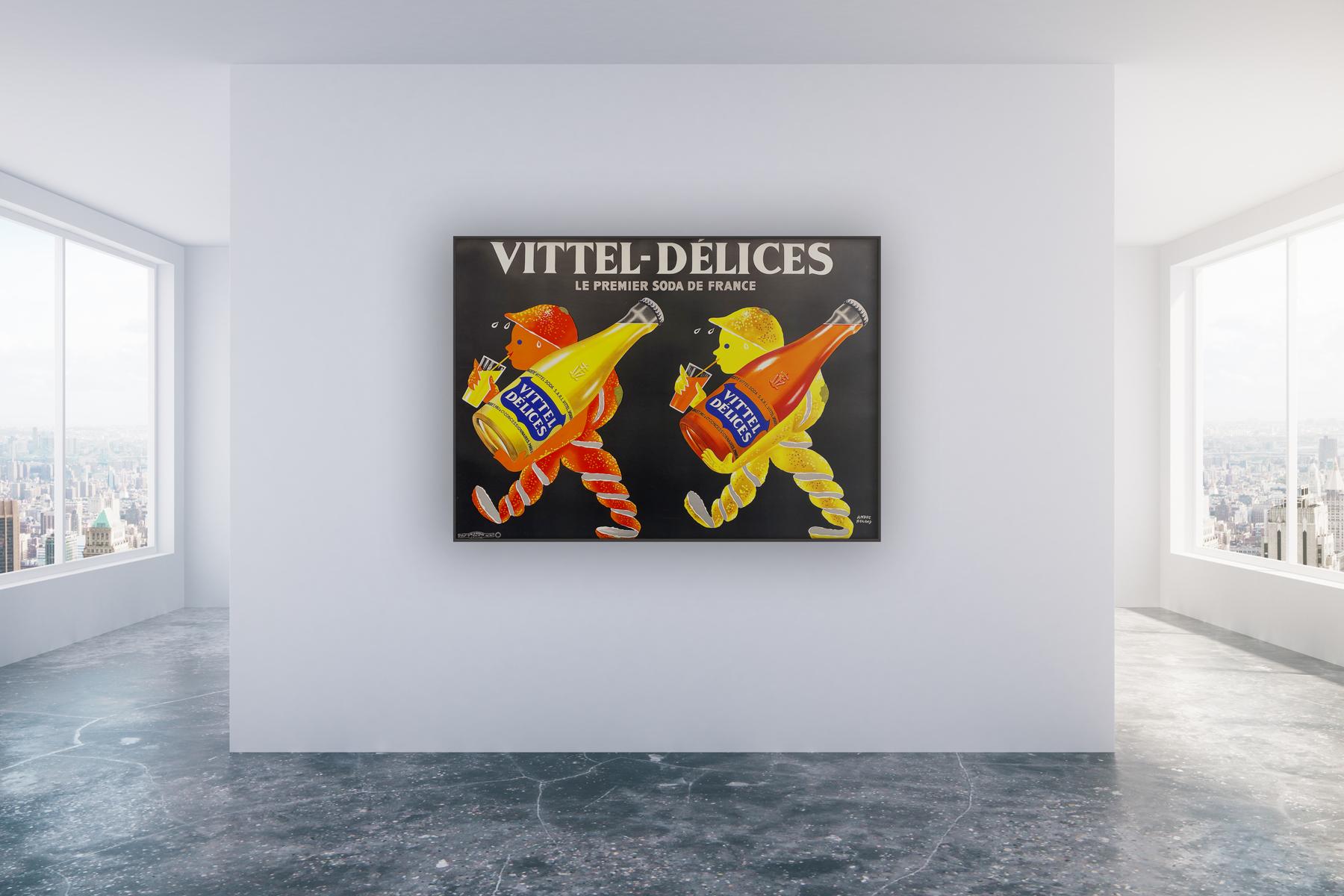 Original vintage French advertising poster for Vittel Delices, the premium French delicious citrus fruit drink. Designed by André Roland, The fruity fun design certainly pops!

This vintage poster is sized 61 x 46 inches and in Rolled Linen-Backed