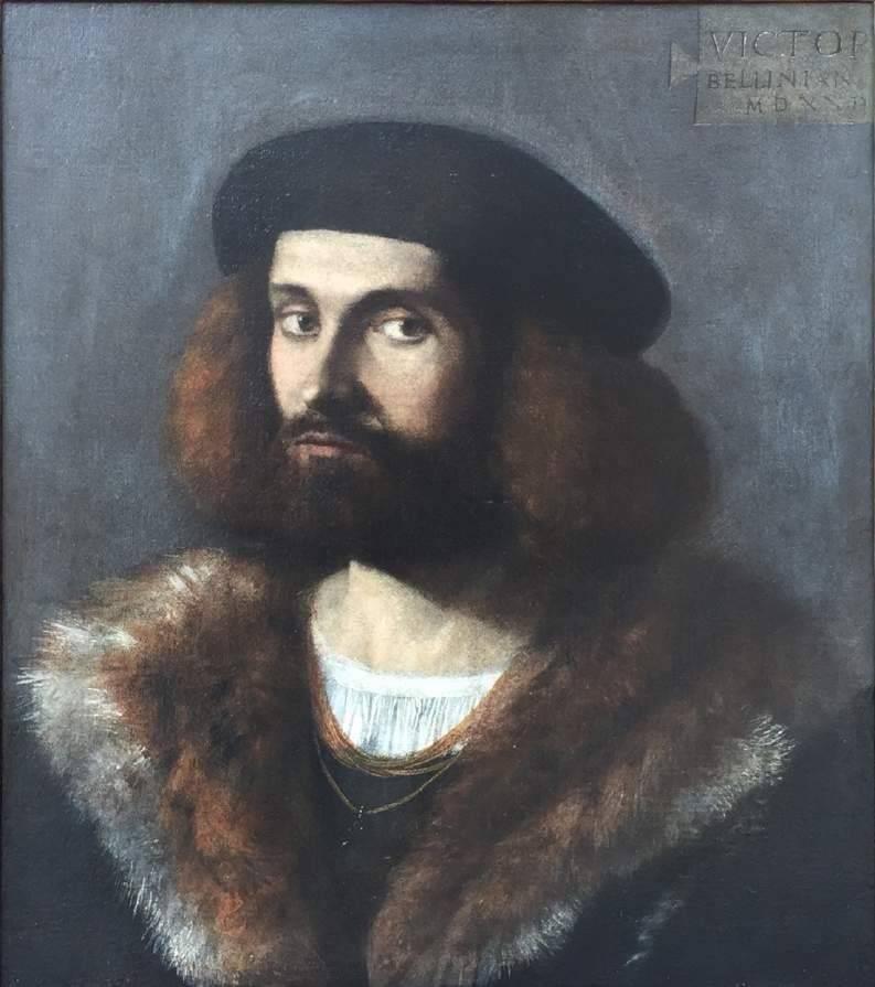 Renaissance Old Master Portrait of a Young Bearded Man - Brown Figurative Painting by Vittore Belliniano
