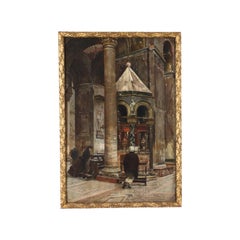 Church Interior by Vittore Zanetti Zilla Oil on Canvas Italy \'800.