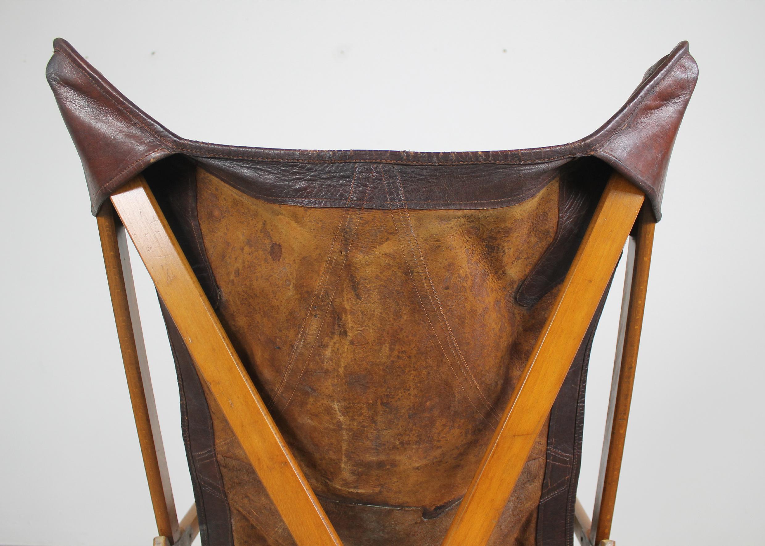 Metal Tripolina Folding Chair in Wood and Leather by Paolo Vigano 1930s 
