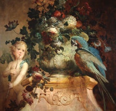 Öl auf Leinwand „Stillleben mit Blumen, Putten und Papagei“, Vittorio Amedeo Rapous, Öl