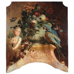 Óleo sobre lienzo "Naturaleza muerta con flores Putti y loro" Vittorio Amedeo Rapous