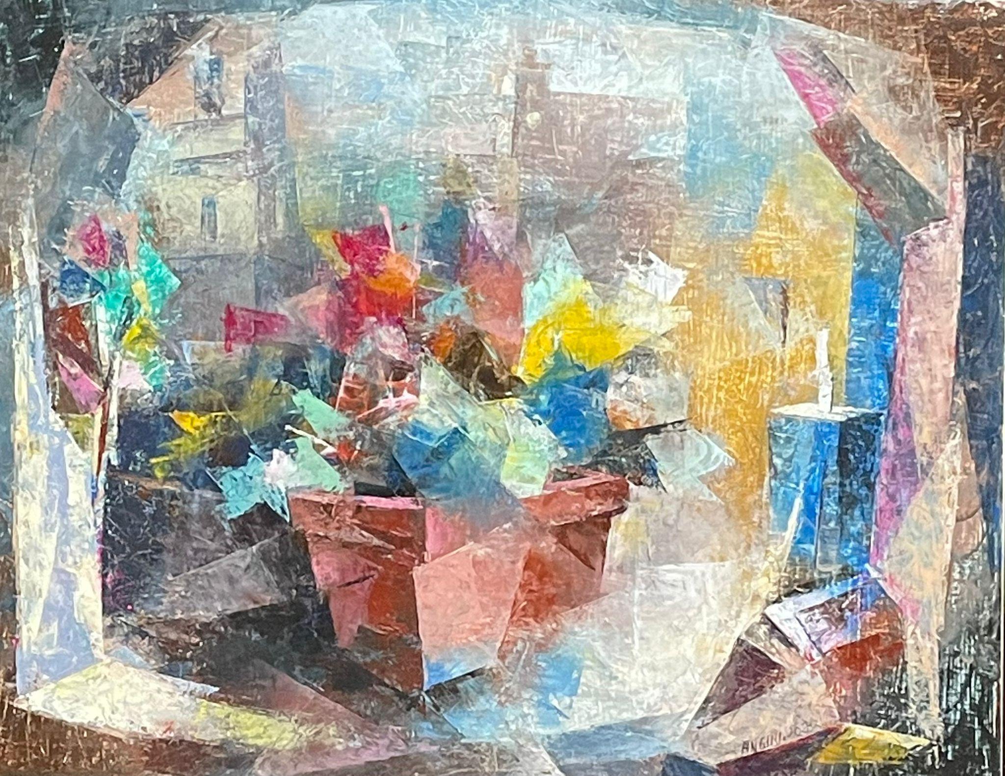 Vittorio Angini Still-Life Painting - Flowers - Figurative Painting Canvas Colors Blue Red Grey Yellow Pink