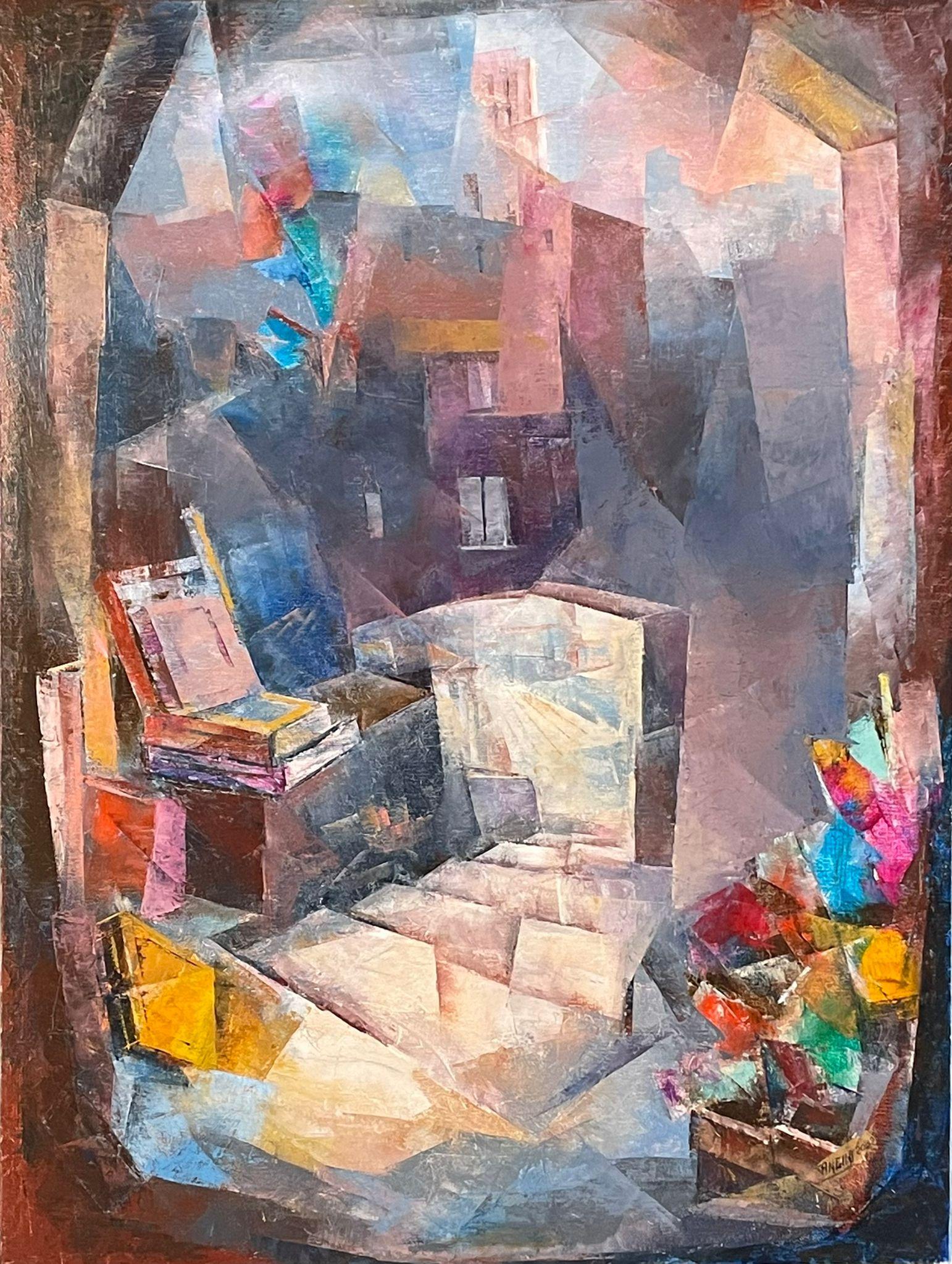 Vittorio Angini Still-Life Painting - Next Door - Figurative Painting Canvas Colors Blue Red Grey Yellow Pink