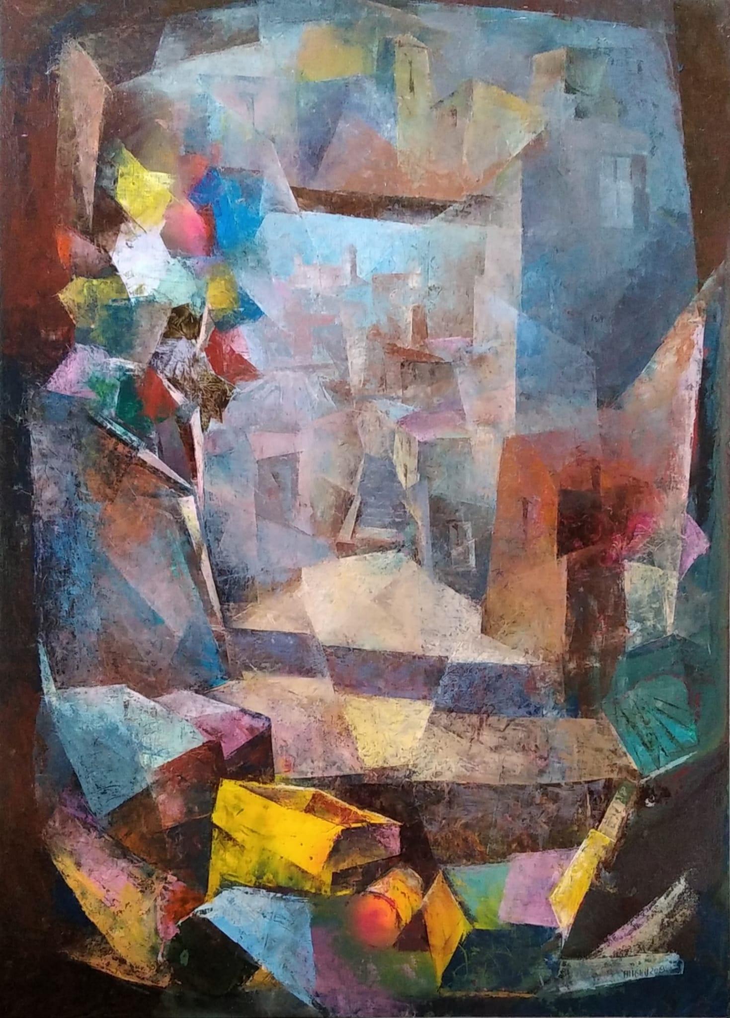 Figurative Painting Vittorio Angini - Next Door I - Peinture figurative sur toile Couleurs Bleu, rouge, gris, jaune et rose