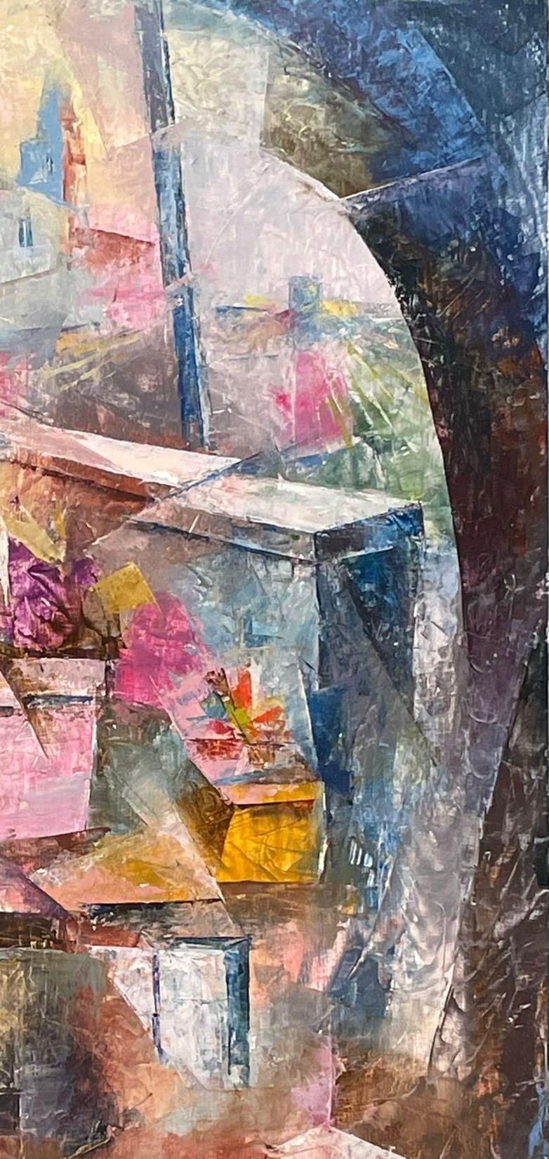 Vasi sul balcone - Pittura su tela Colori Blu Rosso Grigio Giallo Rosa - Painting di Vittorio Angini