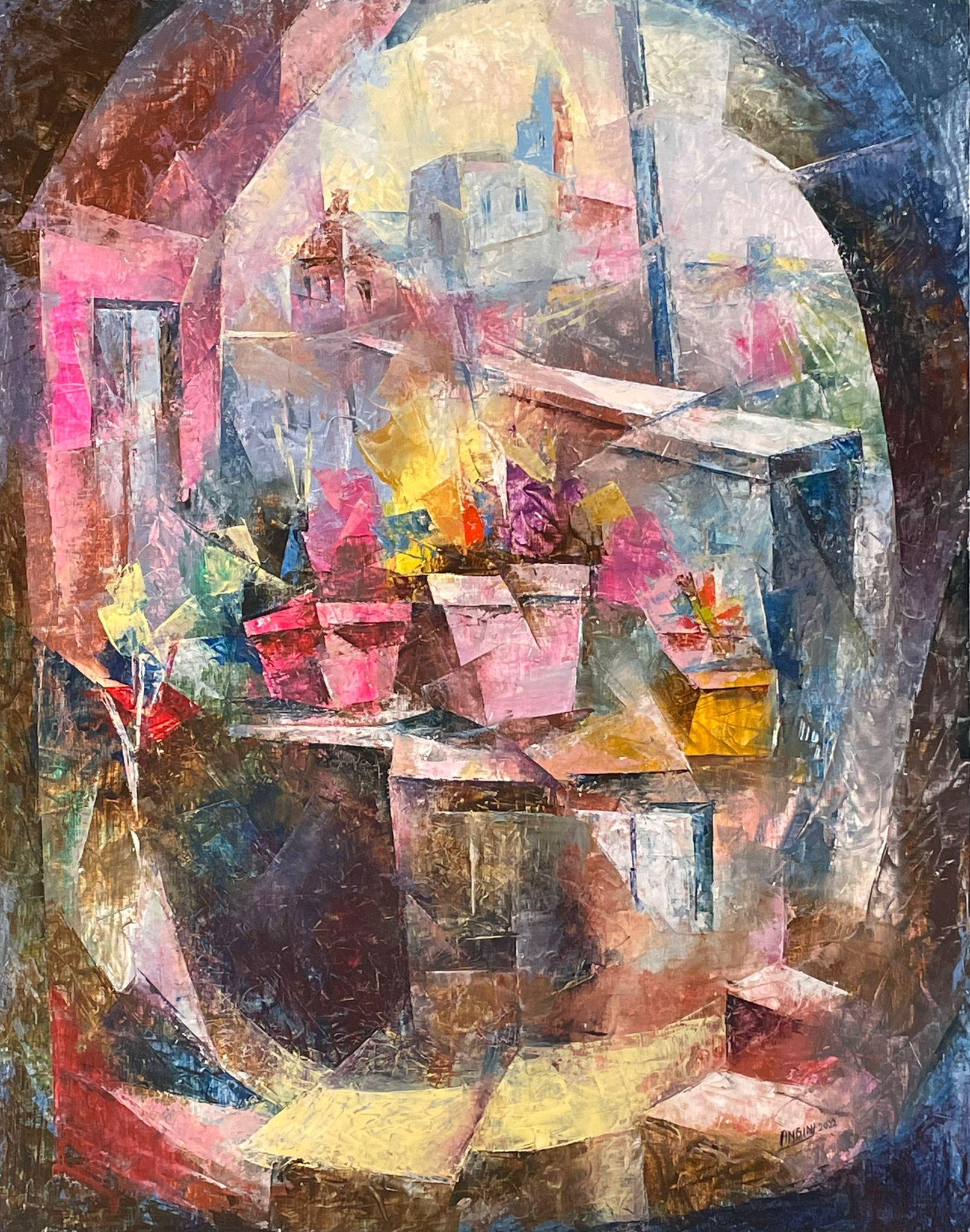 Vasen auf dem Balkon – Gemälde auf Leinwand in den Farben Blau, Rot, Grau, Gelb und Rosa