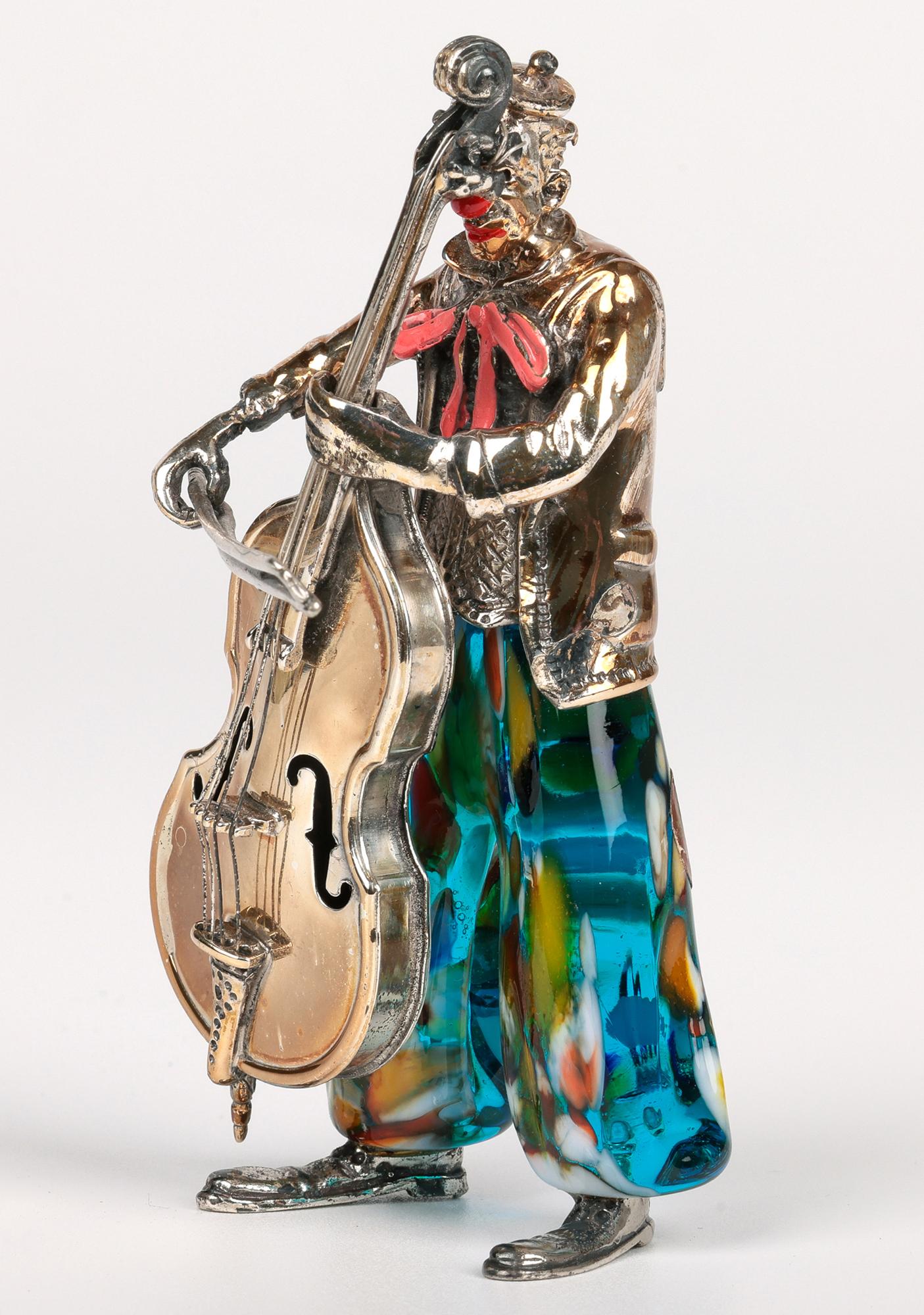 Vittorio Angini Figure de clown jouant du Cello, en Murano, montée sur argent en vente 2