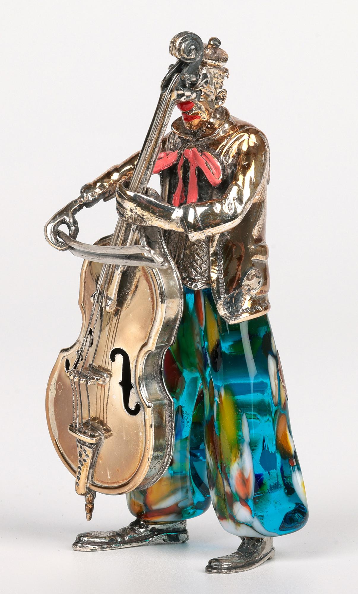 Vittorio Angini Figure de clown jouant du Cello, en Murano, montée sur argent en vente 9