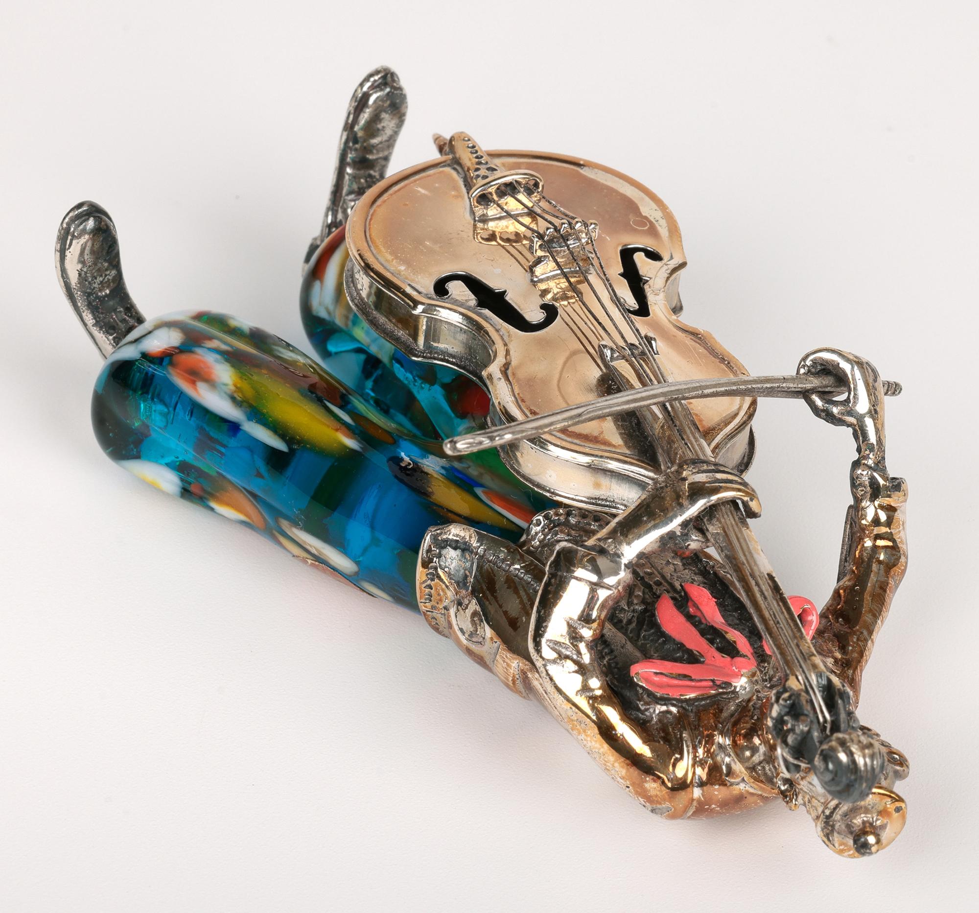 Vittorio Angini Figure de clown jouant du Cello, en Murano, montée sur argent Bon état - En vente à Bishop's Stortford, Hertfordshire