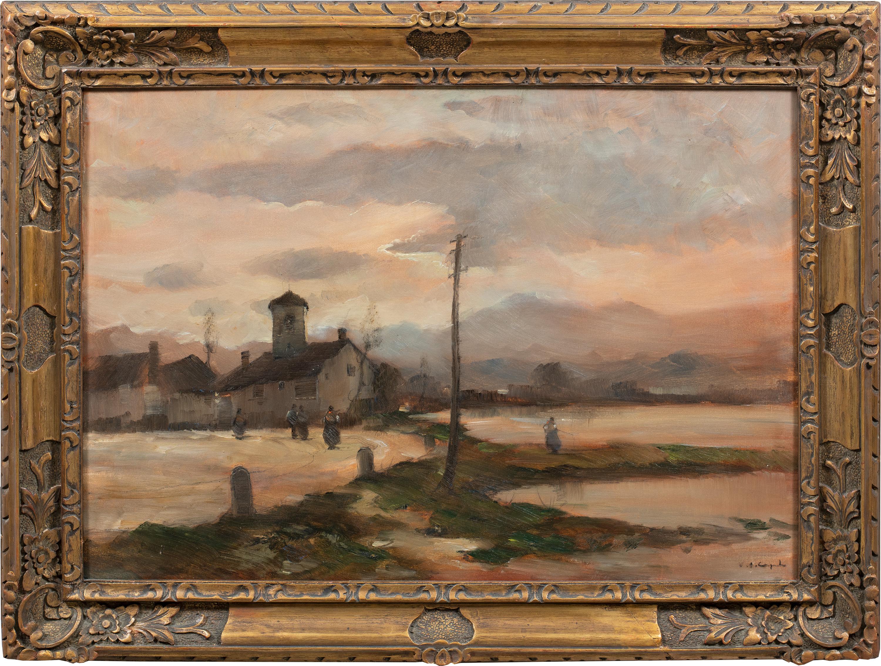 Vittorio Antonio Cargnel (Venice 1872 - Milan 1931) - Landscape with House and Figures.

70.5 x 99.5 cm unframed, 93 x 123 cm with frame.

Oil on canvas, in a contemporary carved wooden frame.

- Signed at the bottom: "V. A. Cargnel".

Condition