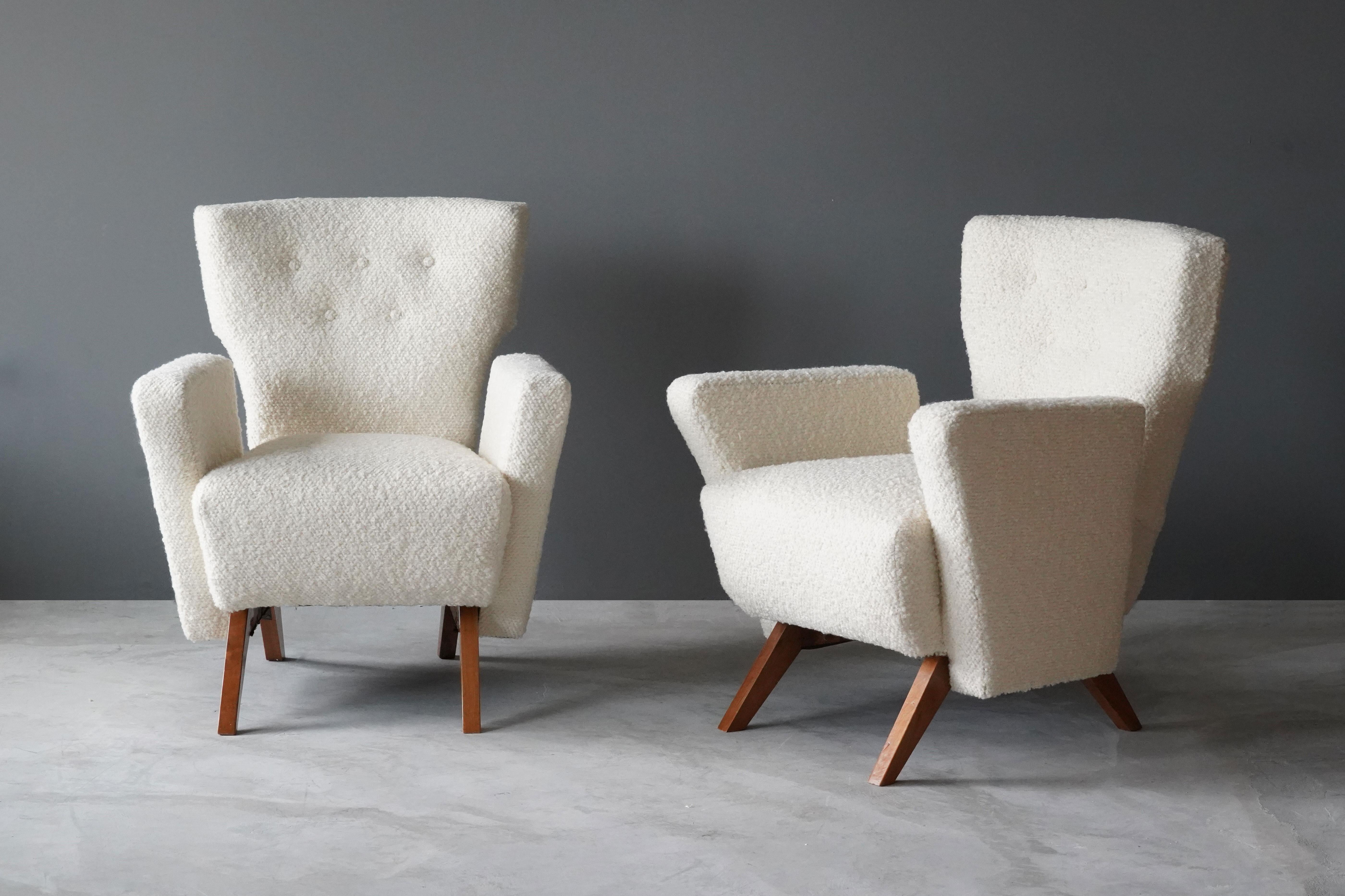 Mid-Century Modern Vittorio Bini, Rare Lounge Chairs, Cherrywood, White Bouclé, Italy, 1948