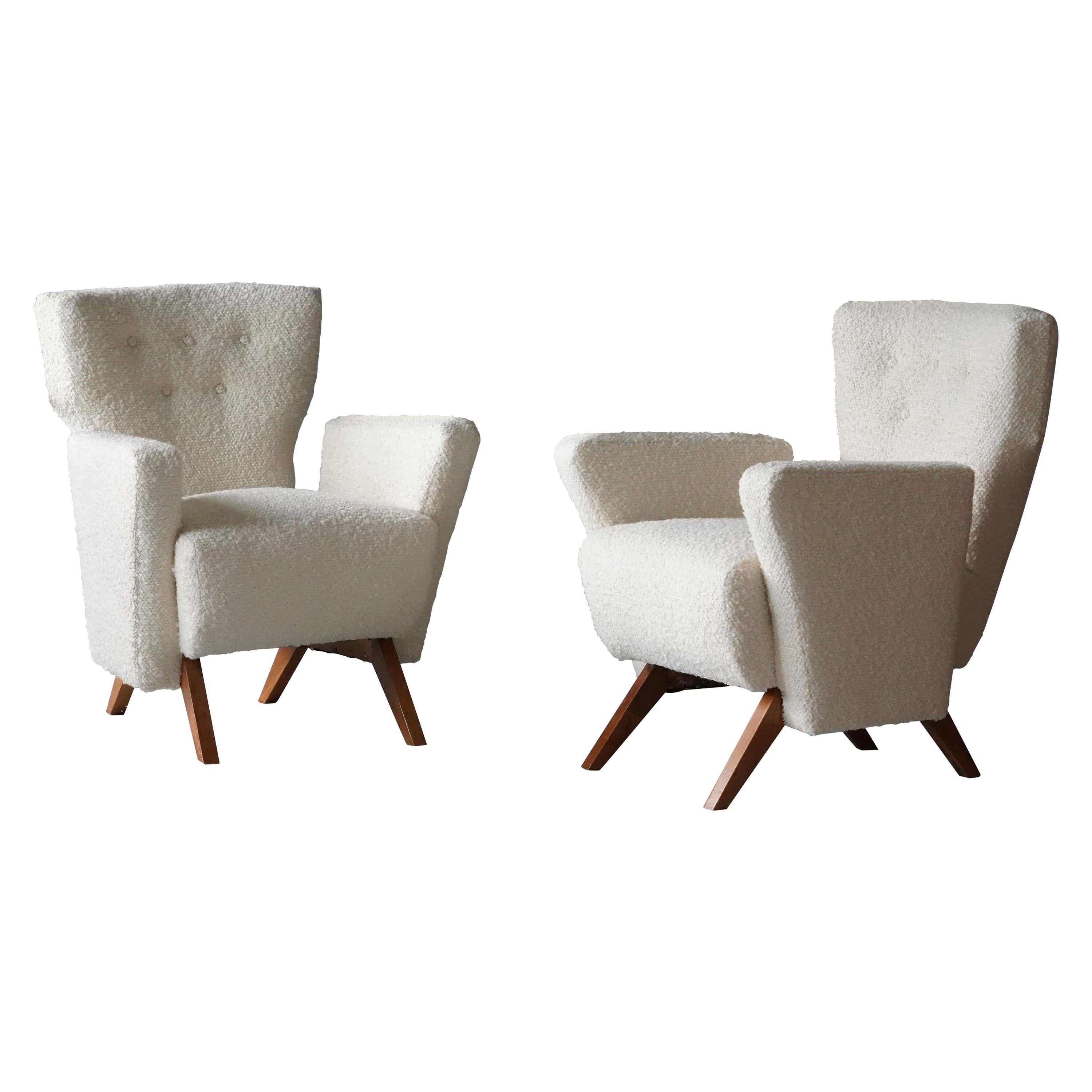 Vittorio Bini, Rare Lounge Chairs, Cherrywood, White Bouclé, Italy, 1948
