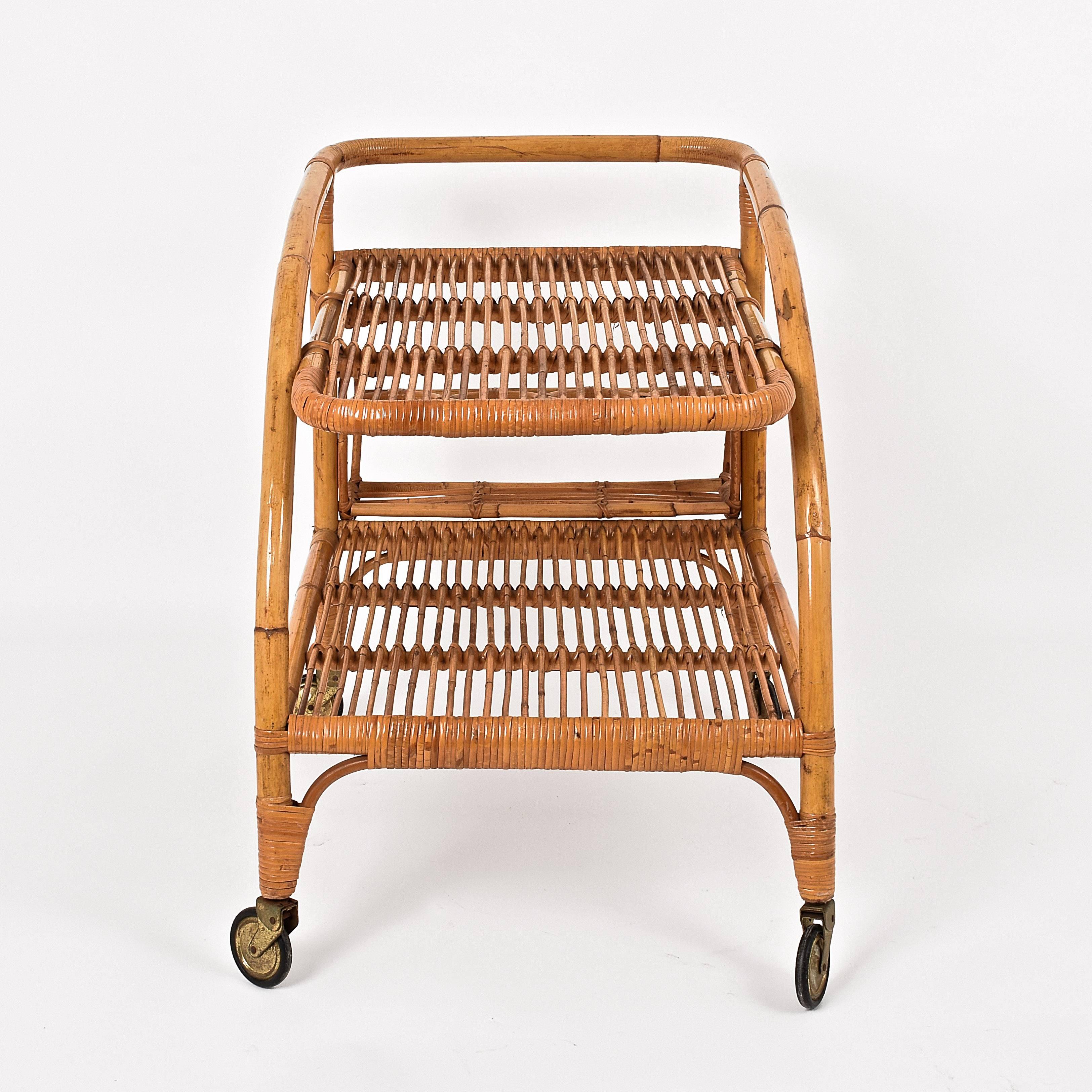 Mid-Century Modern Vittorio Bonacina  Bamboo Rattan, servant Bar Cart  1950s, Trolley Vintage