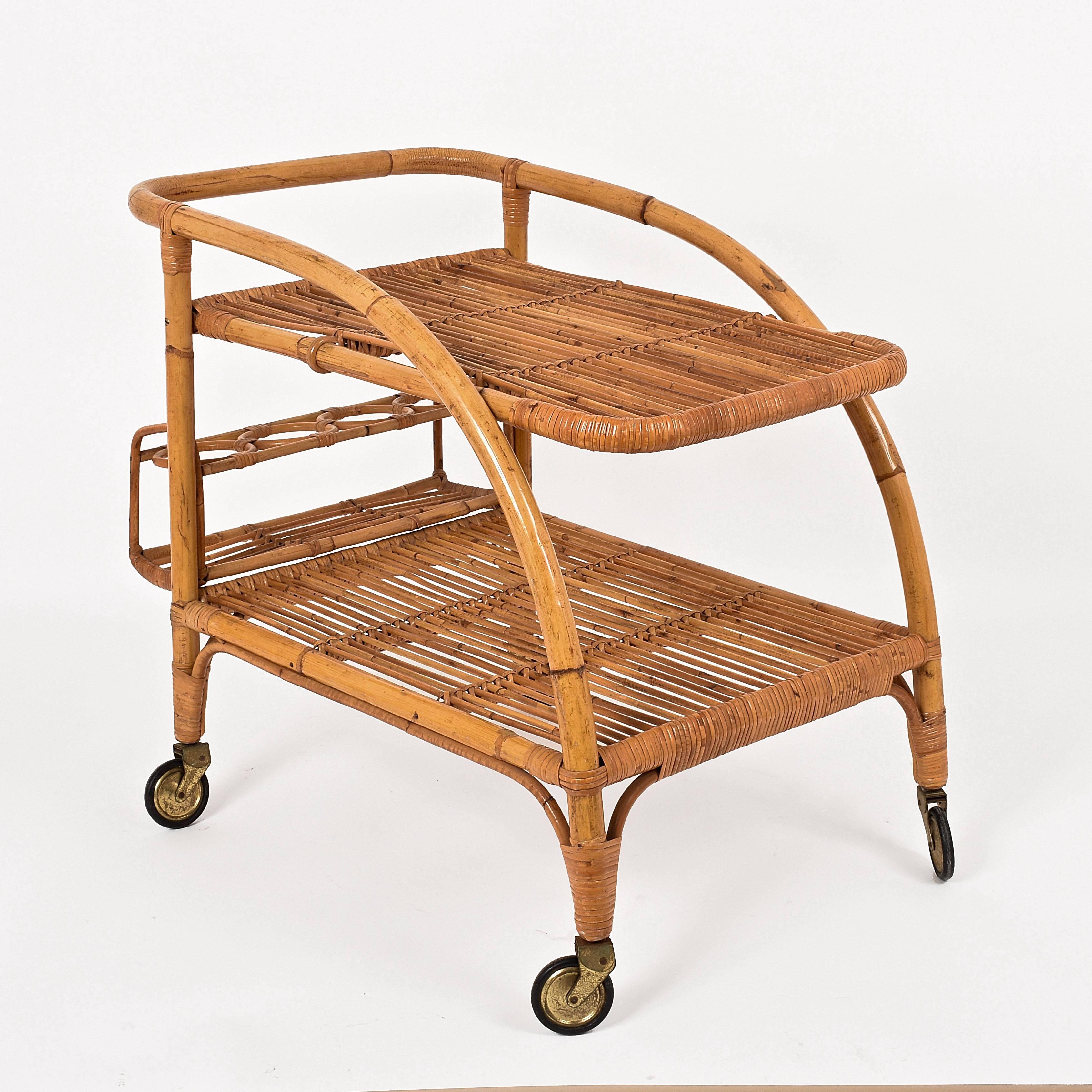 Italian Vittorio Bonacina  Bamboo Rattan, servant Bar Cart  1950s, Trolley Vintage