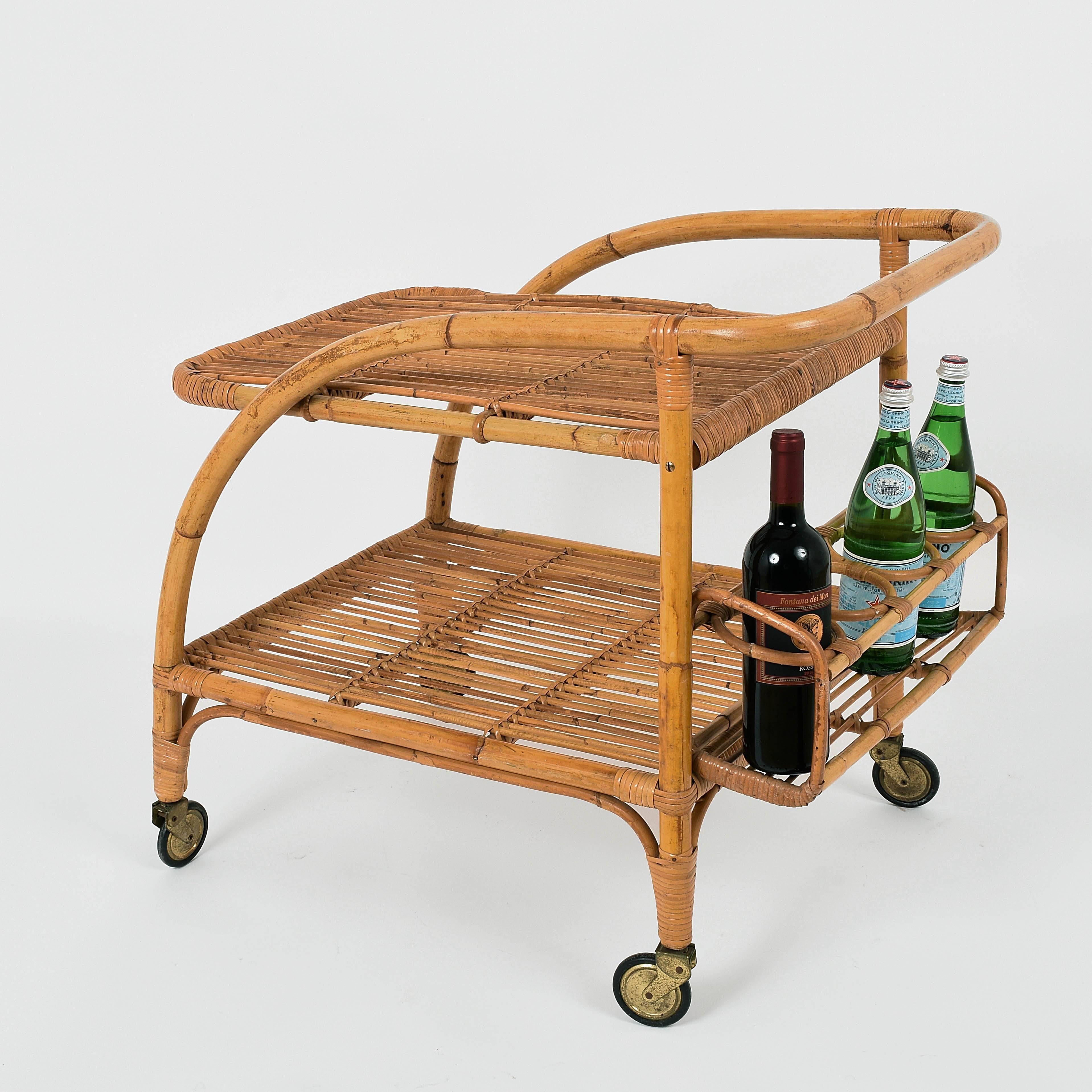 Mid-20th Century Vittorio Bonacina  Bamboo Rattan, servant Bar Cart  1950s, Trolley Vintage