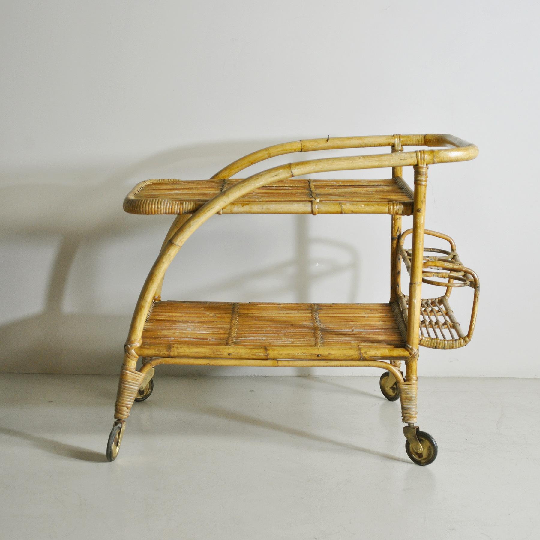 60s liquor bottle trolley in bamboo cane in the style of Tito Agnoli.