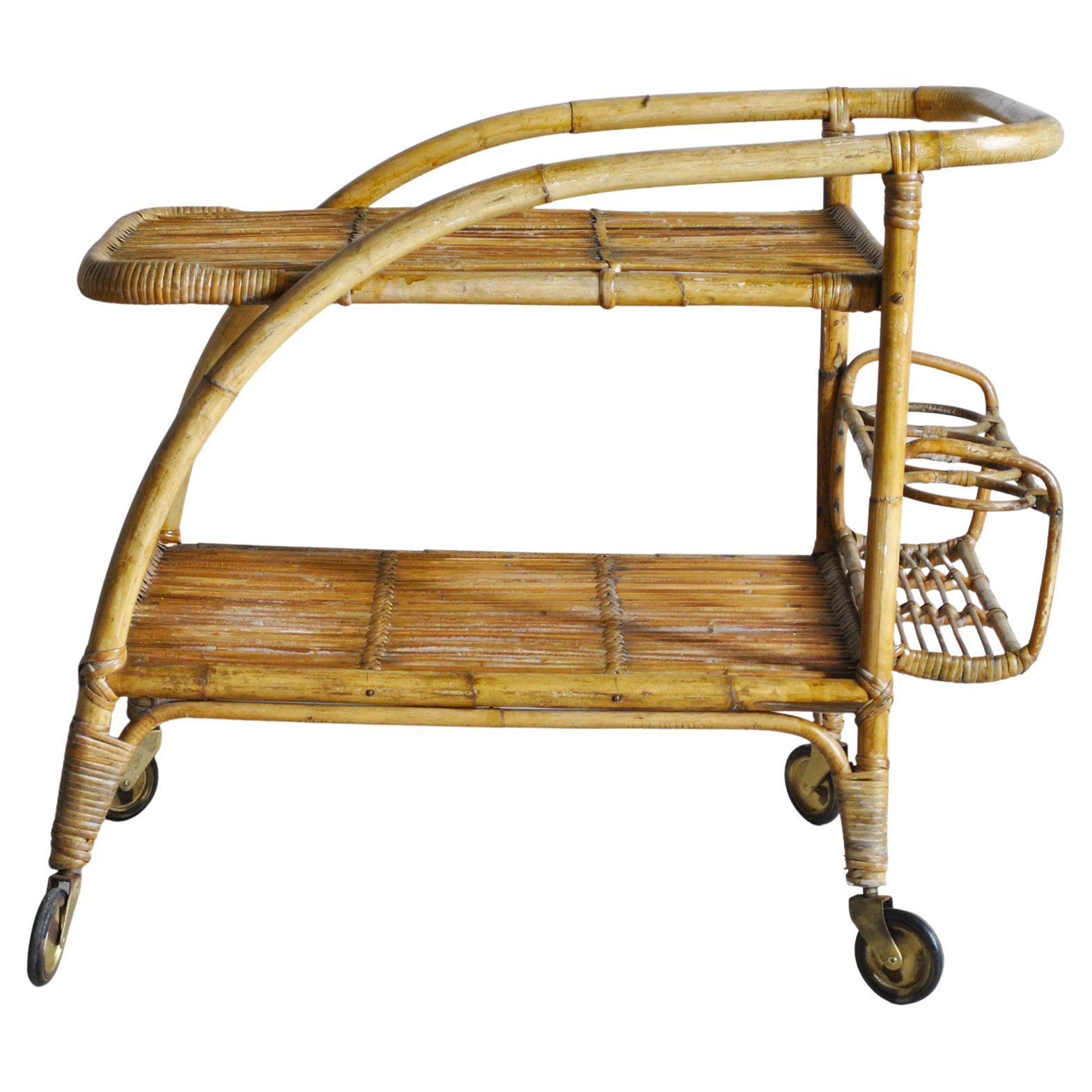 Tito Agnoli in the Style Bamboo Trolley Bar For Sale