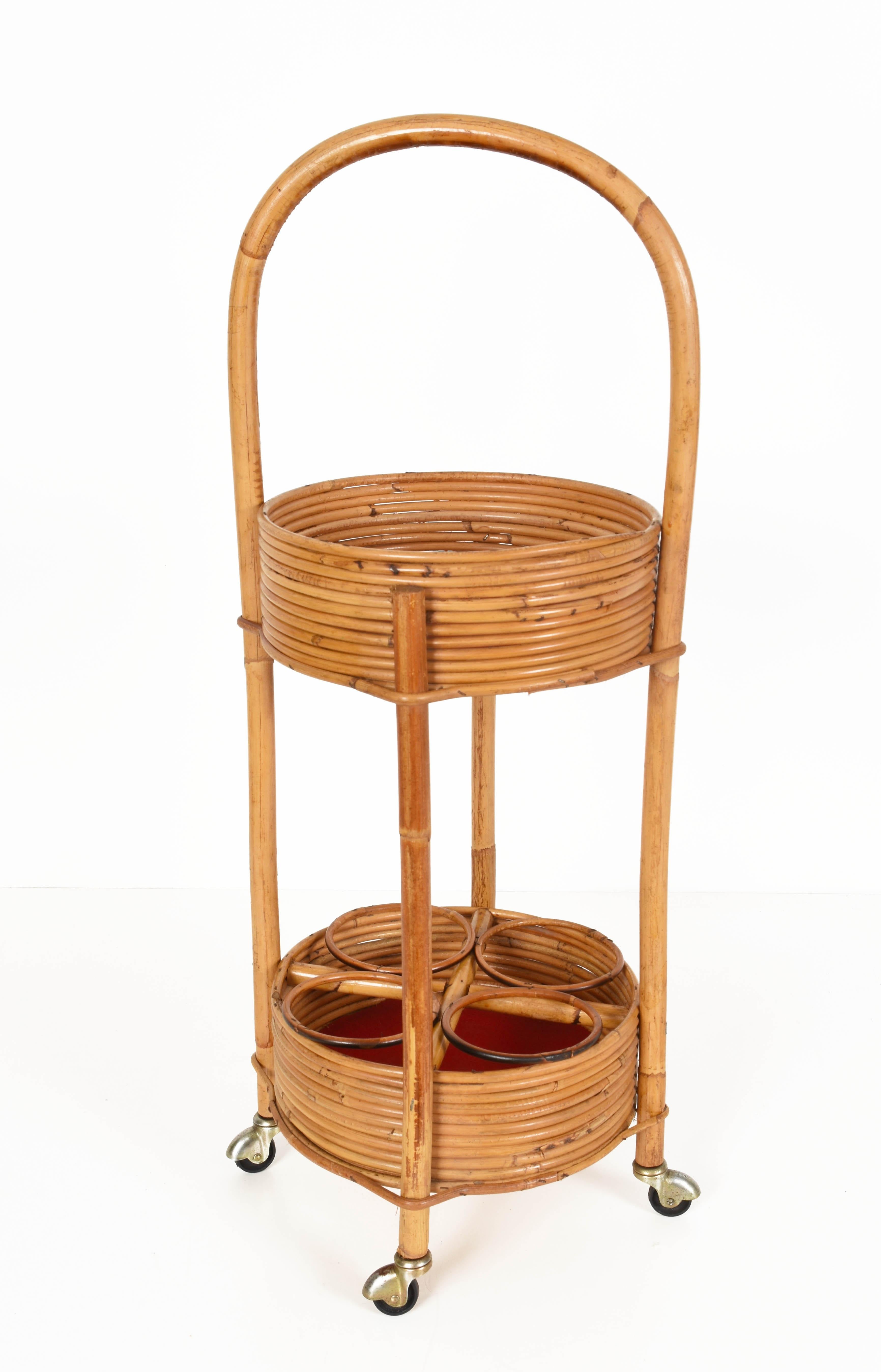 Italian Bamboo, Rattan and Red Velvet Bar Trolley, 1960s For Sale 7