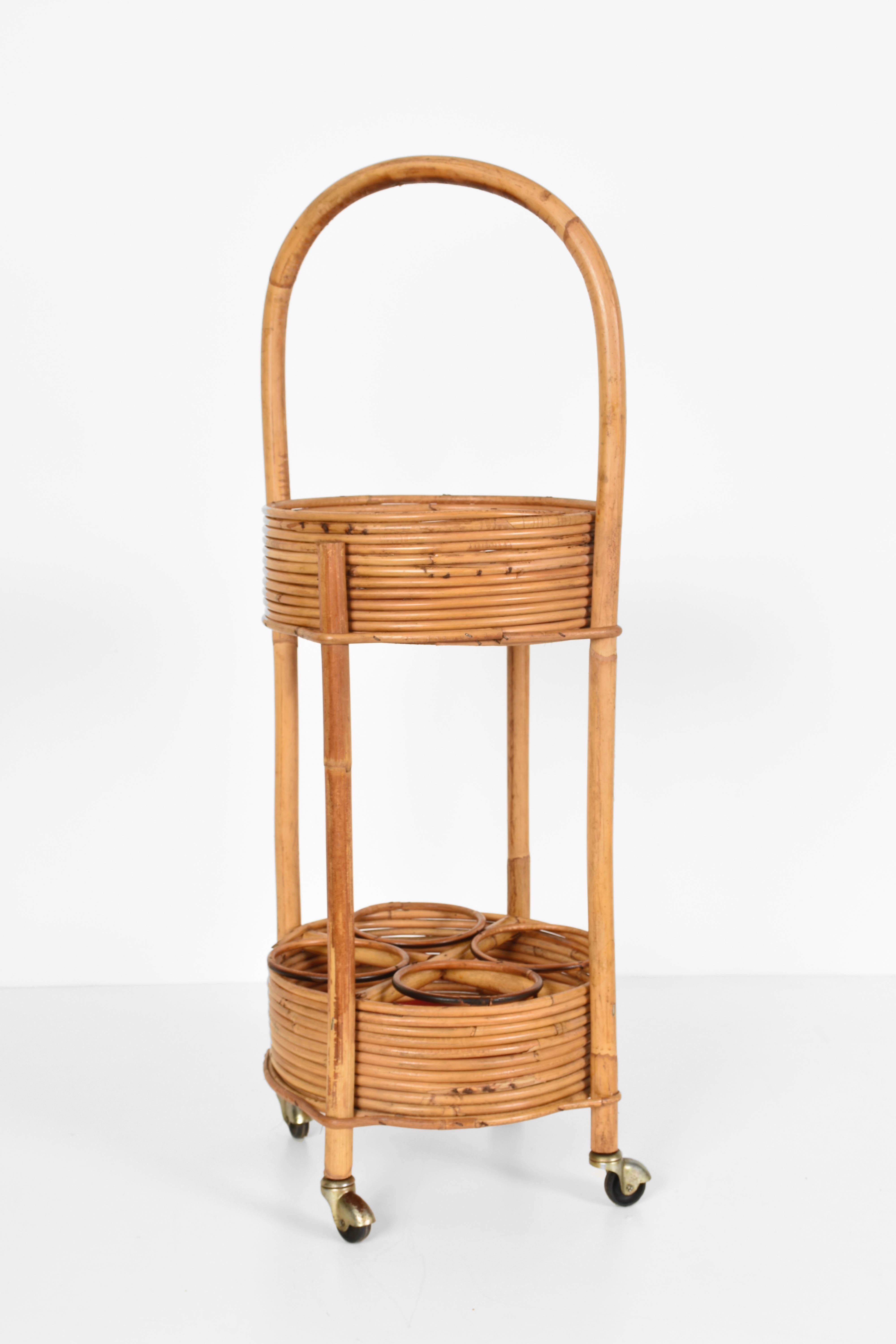 Italian Bamboo, Rattan and Red Velvet Bar Trolley, 1960s For Sale 8