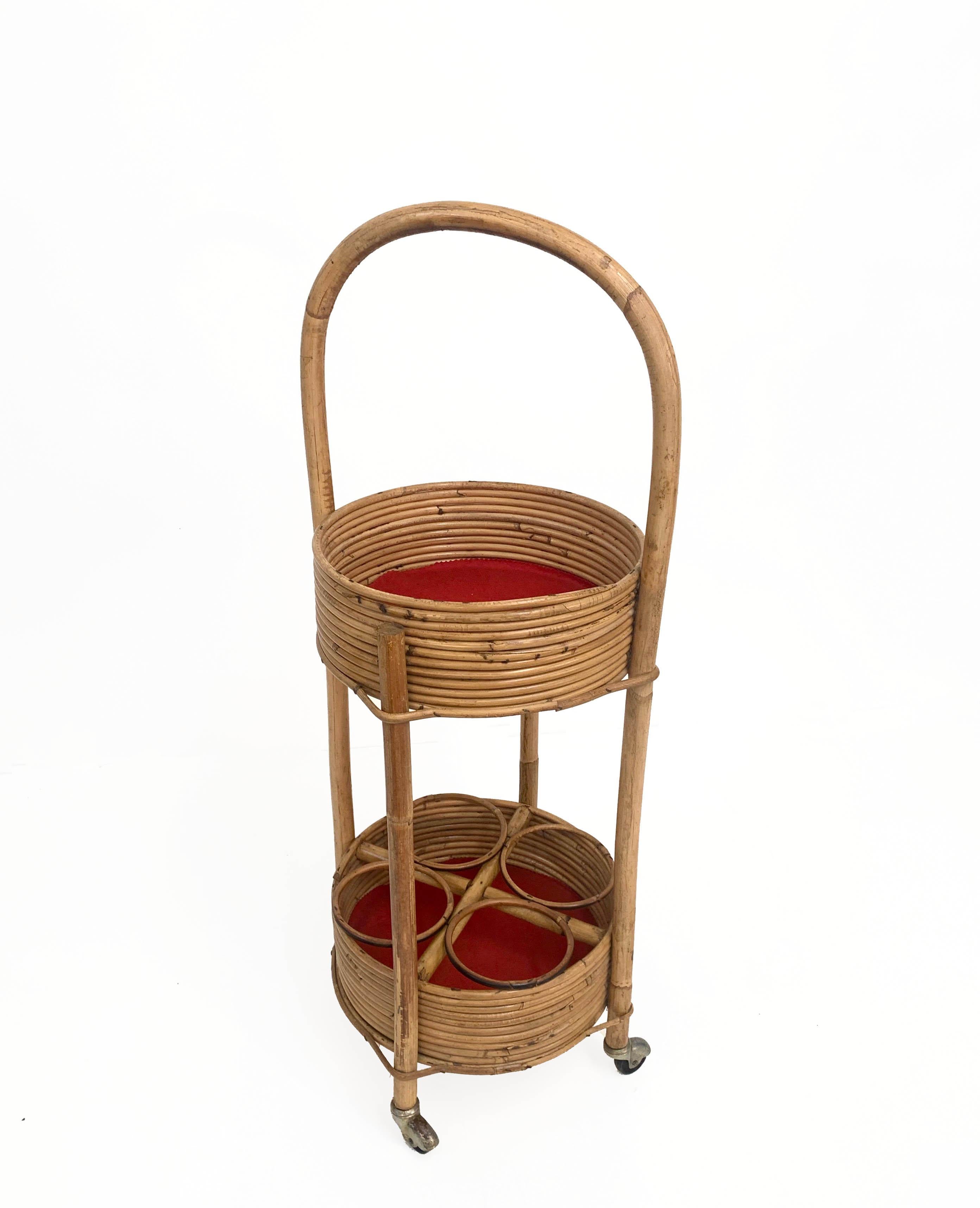 Italian Bamboo, Rattan and Red Velvet Bar Trolley, 1960s In Good Condition For Sale In Roma, IT