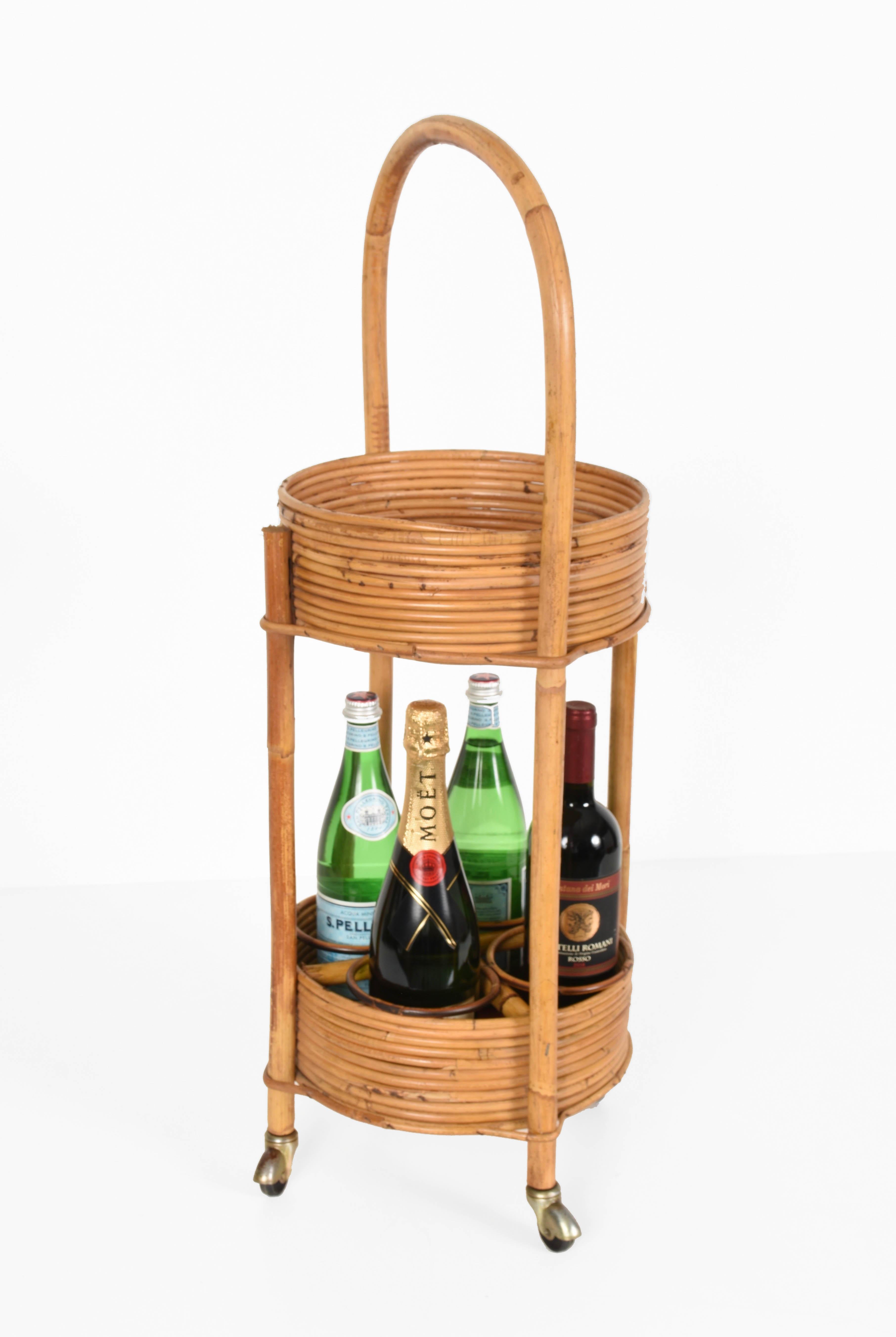 Mid-20th Century Italian Bamboo, Rattan and Red Velvet Bar Trolley, 1960s For Sale