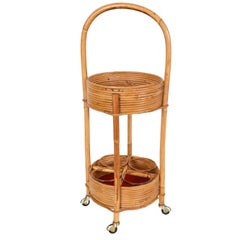 Carrello bar italiano in bambù, rattan e velluto rosso, anni '60