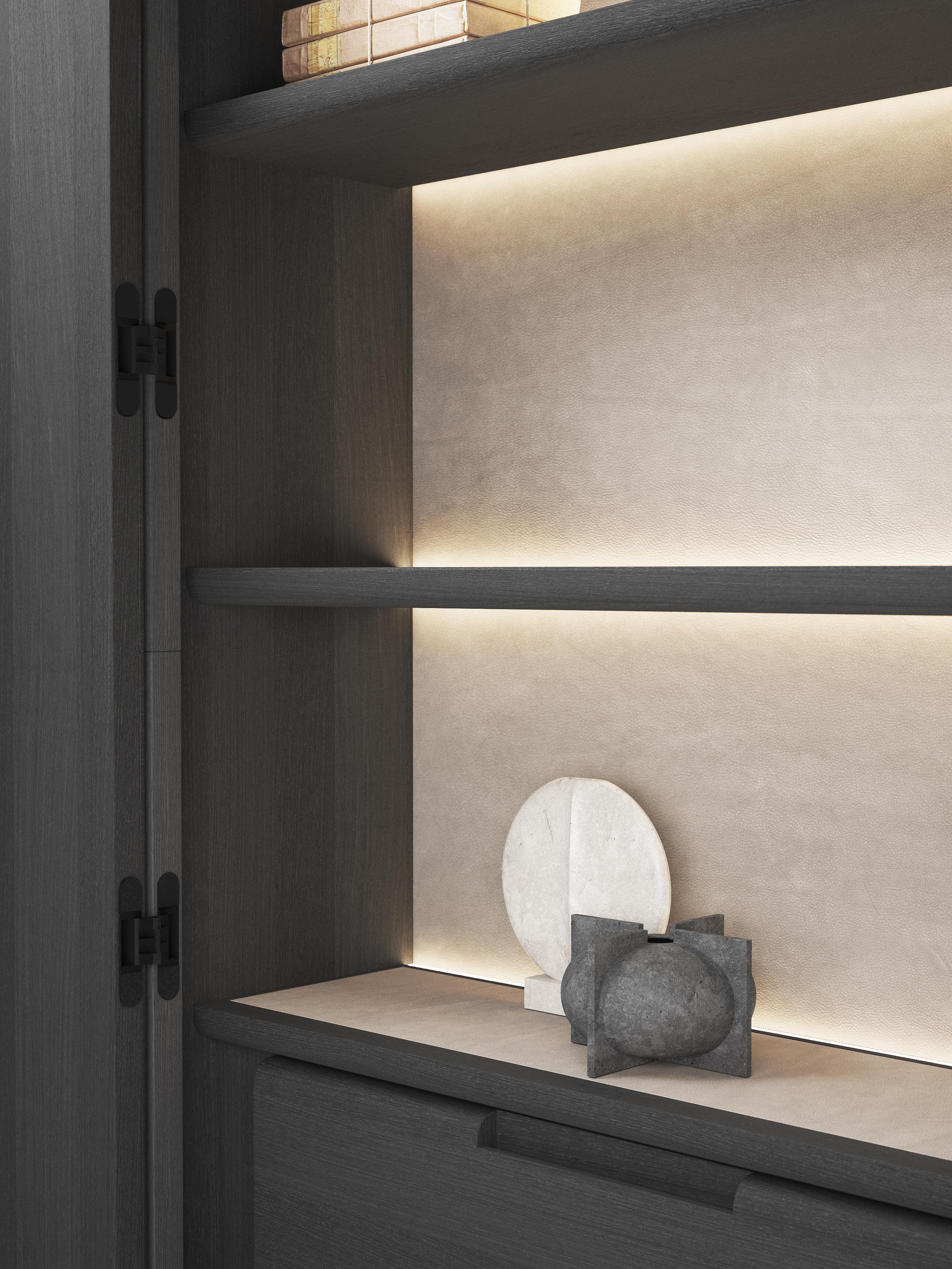 Lacquered Vittorio cabinet in Black Ash wood and Black Leather For Sale