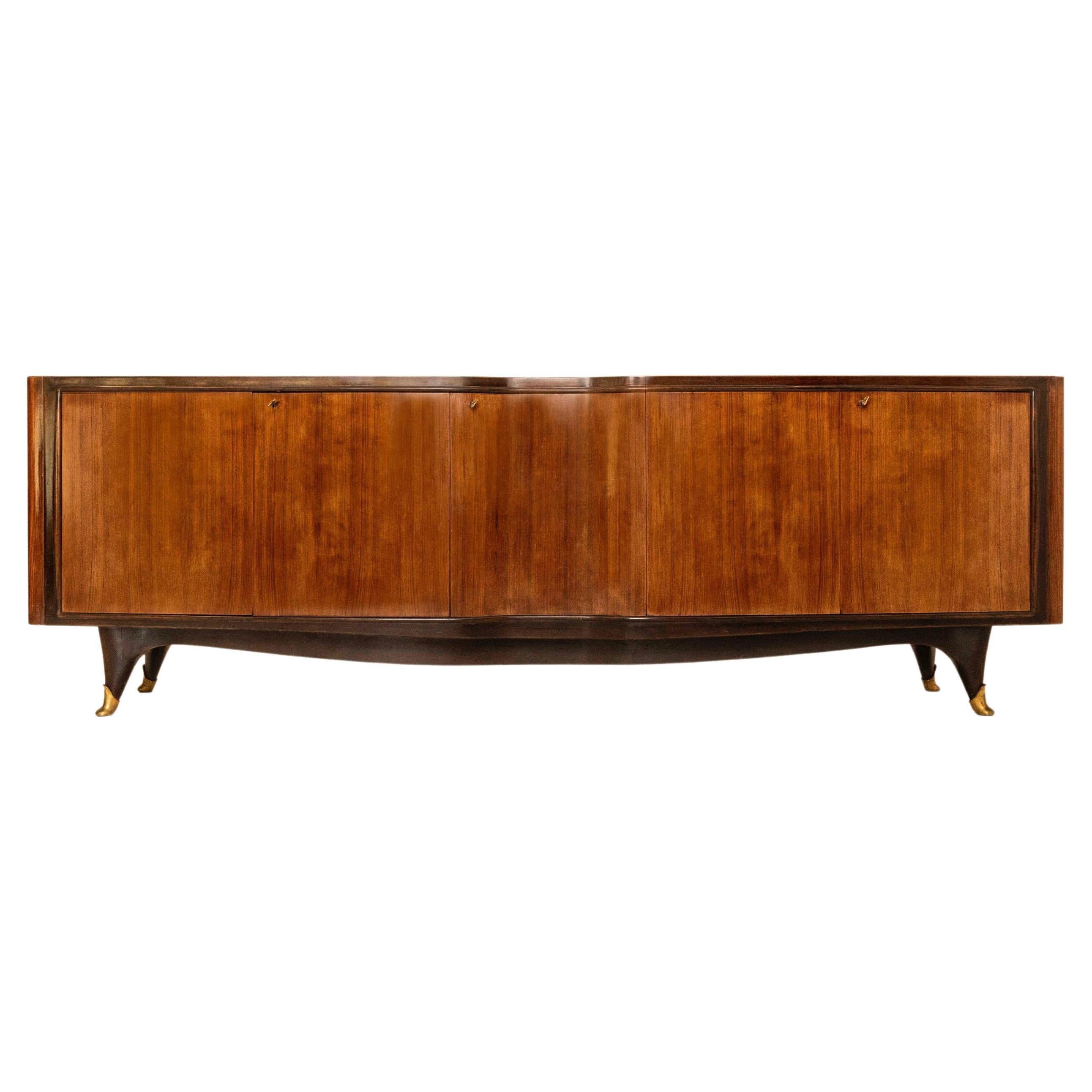 Vittorio Dassi Credenza in Wood, Glass and Brass, Italy 1950s For Sale