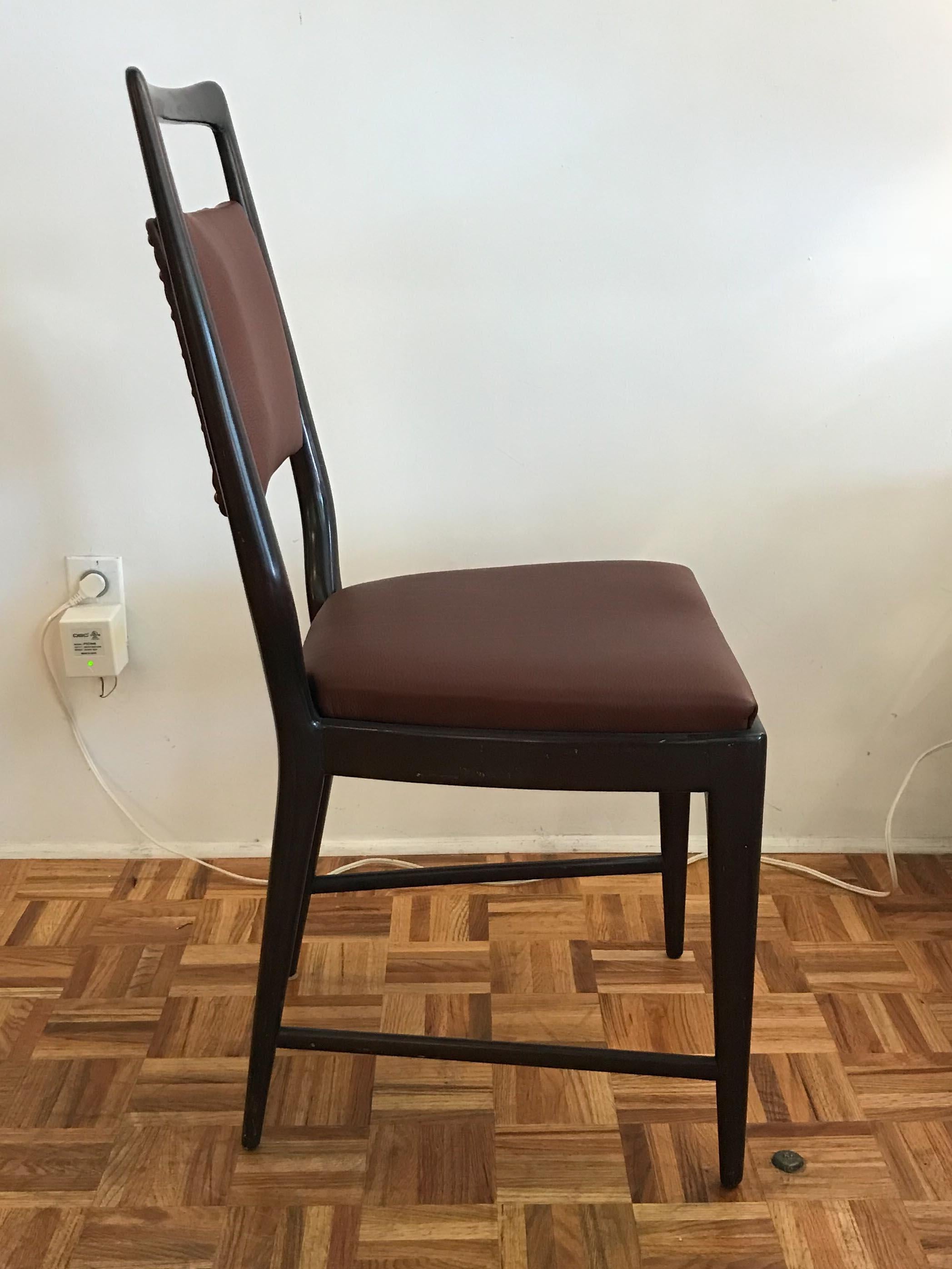 Set of six dining chairs by Vittorio Dassi. Good original condition, solid frames with new leather upholstery.