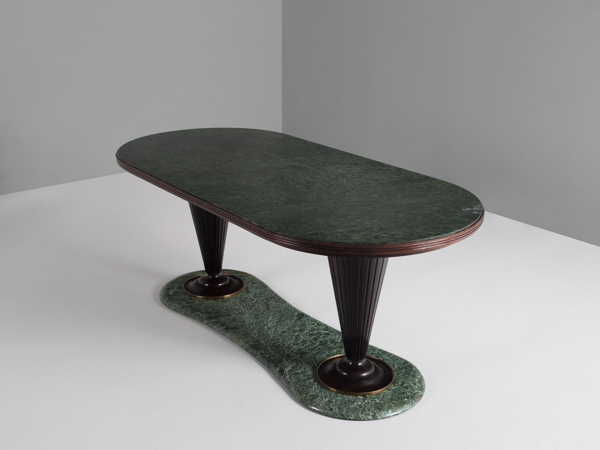 Vittorio Dassi, console table or center table, marble, wood, brass, Italy, 1950s.

Elegant console or center table by Vittorio Dassi with an Alpi Verdi marble top and base, which matches perfectly with the elegant designed tapered legs. The stunning