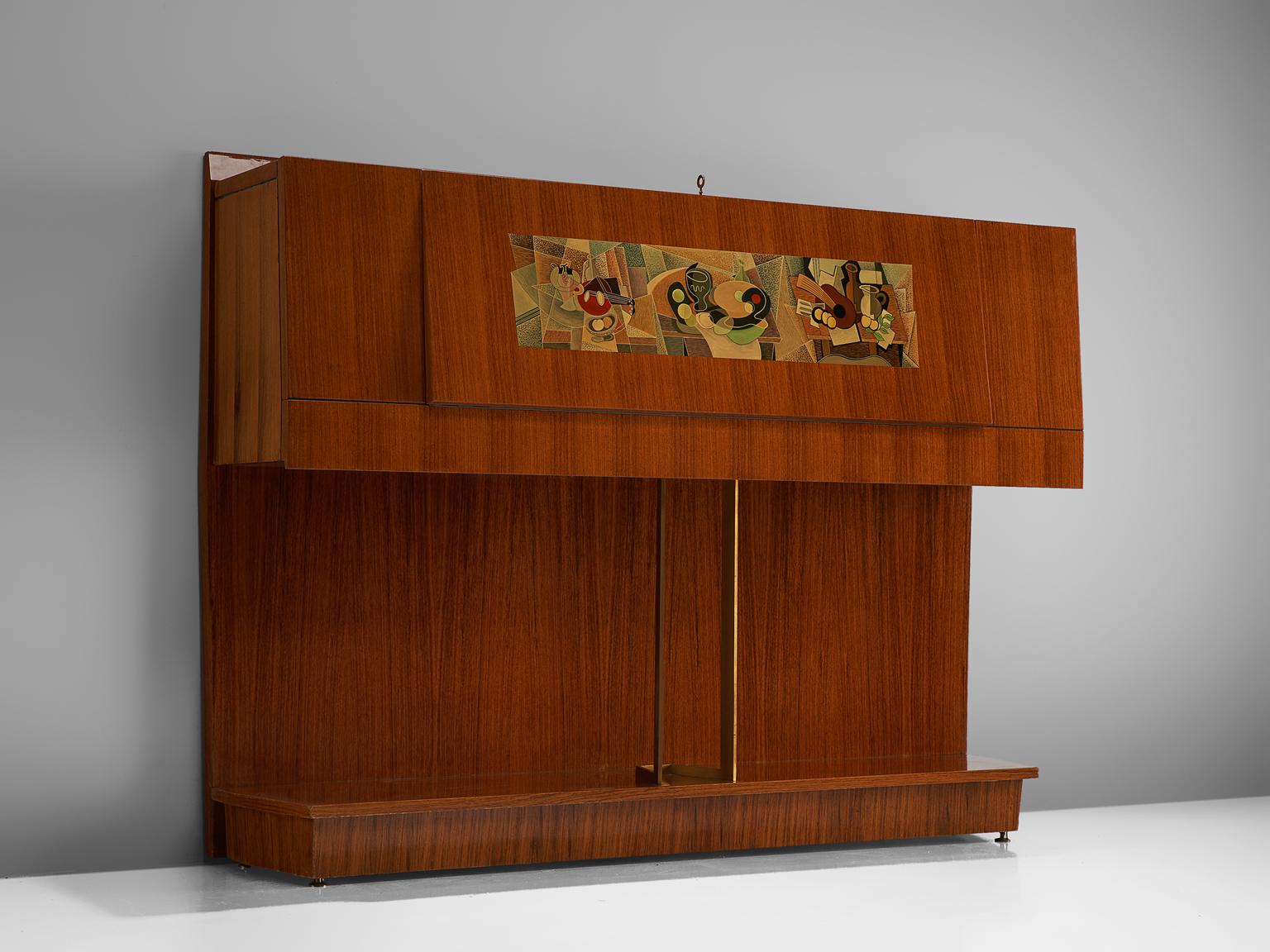 Vittorio Dassi & Gino Severini, dry bar in walnut, birch and glass, Italy 1950s.

Italian buffet with beautiful decorative painting on the front by Gino Severini. This bar has an interesting design which reminds a bit of a piano. The storage part is