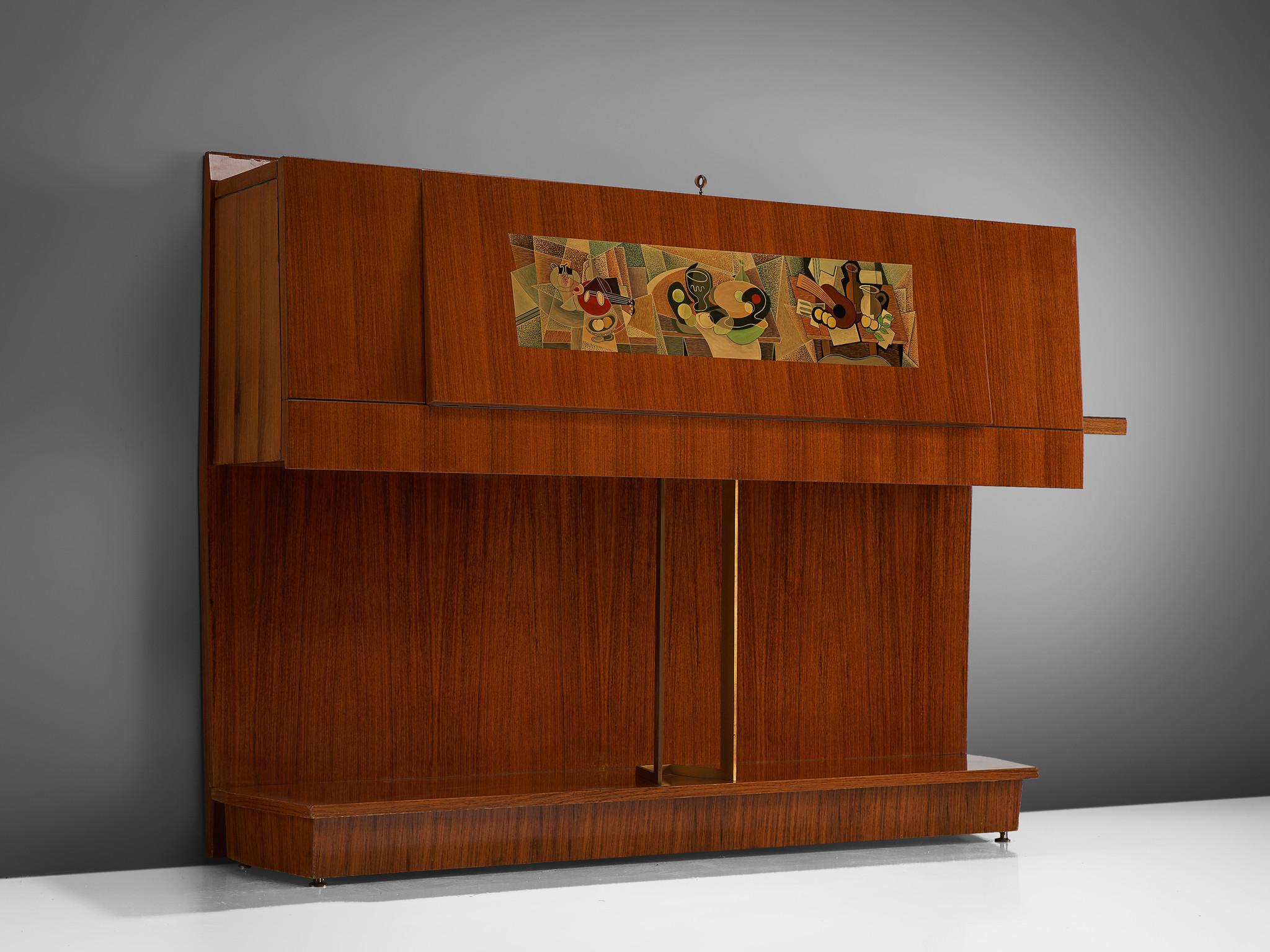 Vittorio Dassi & Gino Severini, dry bar in walnut, birch and glass, Italy 1950s.

Italian buffet with beautiful decorative painting on the front by Gino Severini. This bar has an interesting design which reminds a bit of a piano. The storage part is