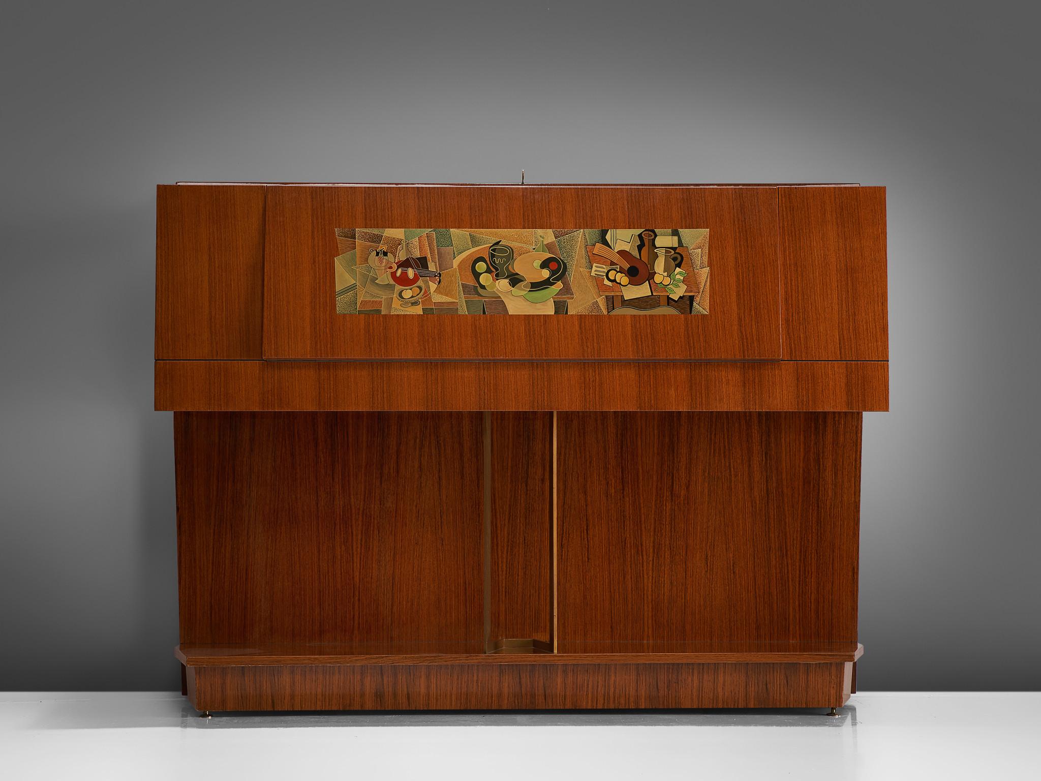Vittorio Dassi, dry bar cabinet, walnut, birch, brass, glass, Italy, 1950s

Italian dry bar cabinet in walnut with decorative painting on the front by Gino Severini. The cabinet and its shape remind of a piano. On a long base stand two brass rods