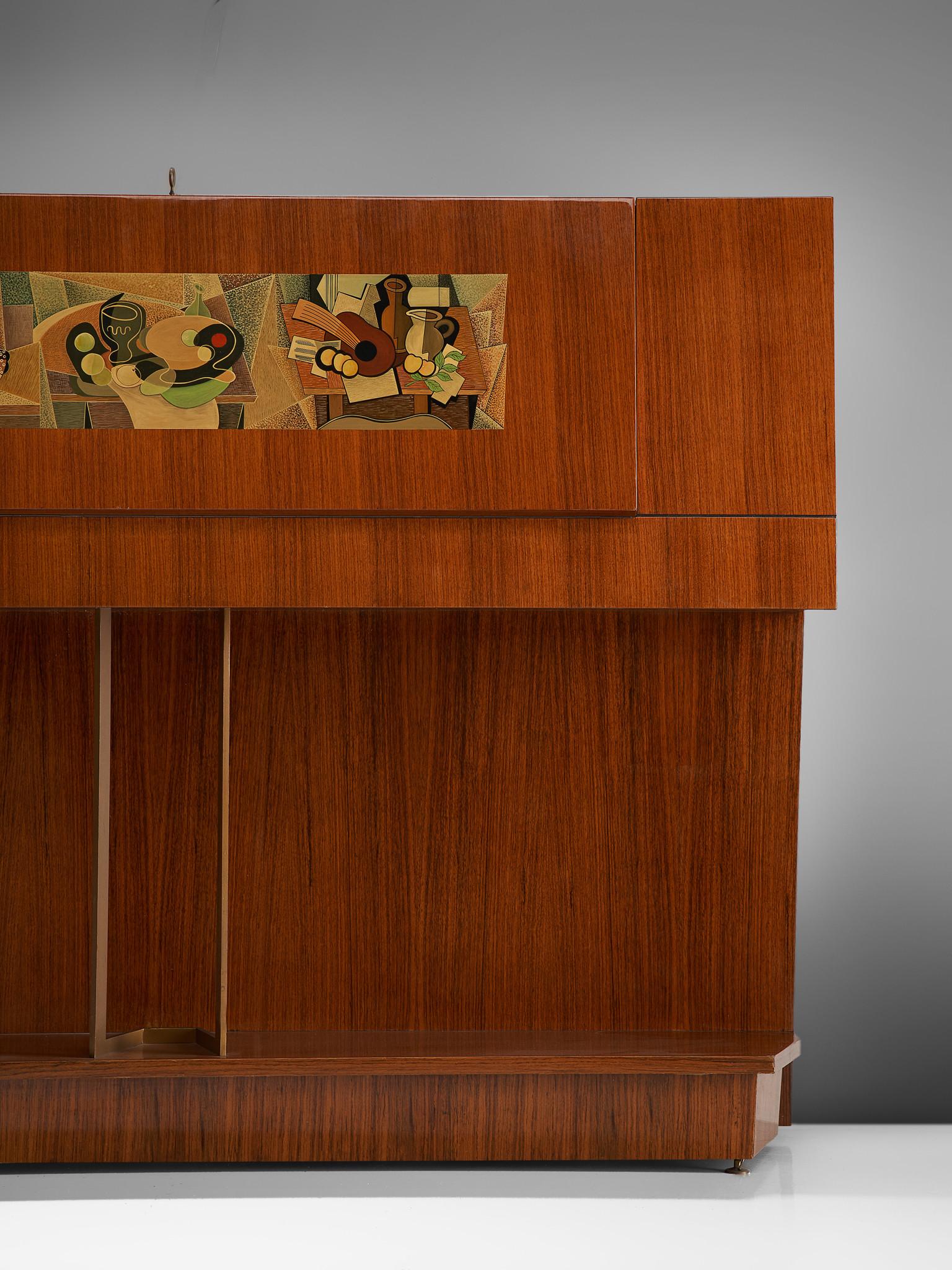 Mid-Century Modern Vittorio Dassi Illuminated Dry Bar Cabinet with Cubism Painting