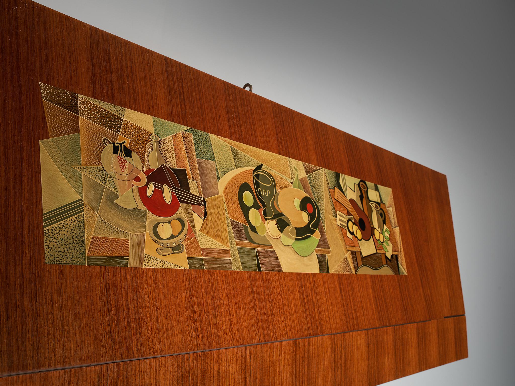 Glass Vittorio Dassi Illuminated Dry Bar Cabinet with Cubism Painting
