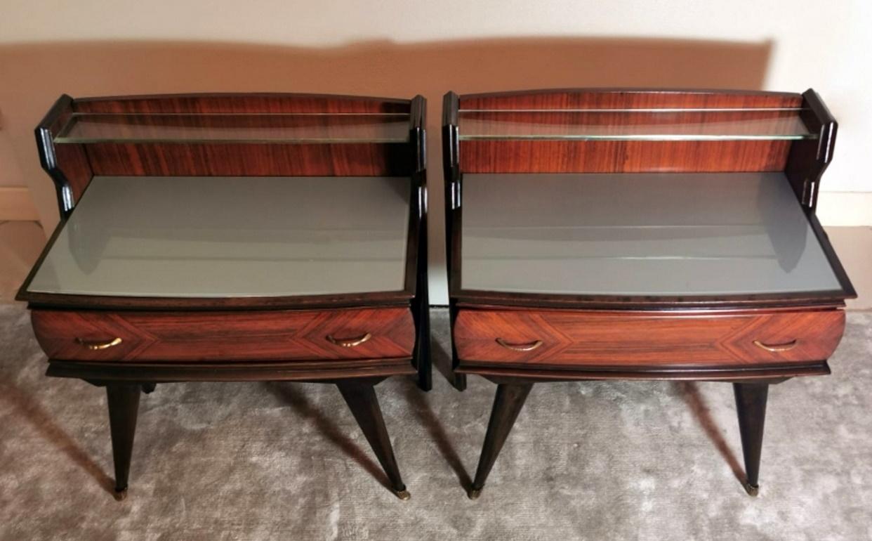 Mid-Century Modern Vittorio Dassi Italian Designer Pair Nightstands Glass Tops