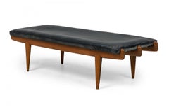 Vittorio Dassi Italian Modern Walnut and Black Leather Upholstered Long Bench