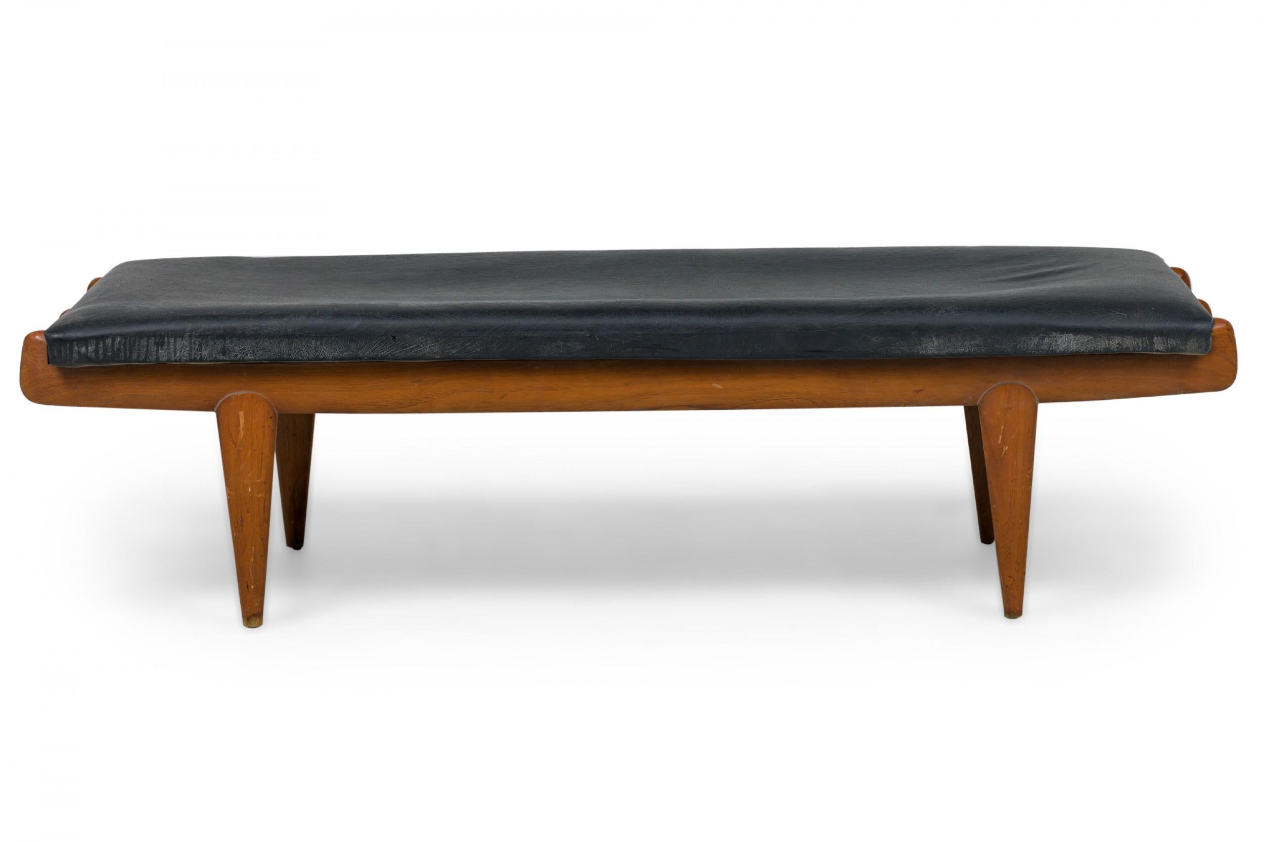 20th Century Vittorio Dassi Italian Modern Walnut and Black Leather Upholstered Long Bench For Sale