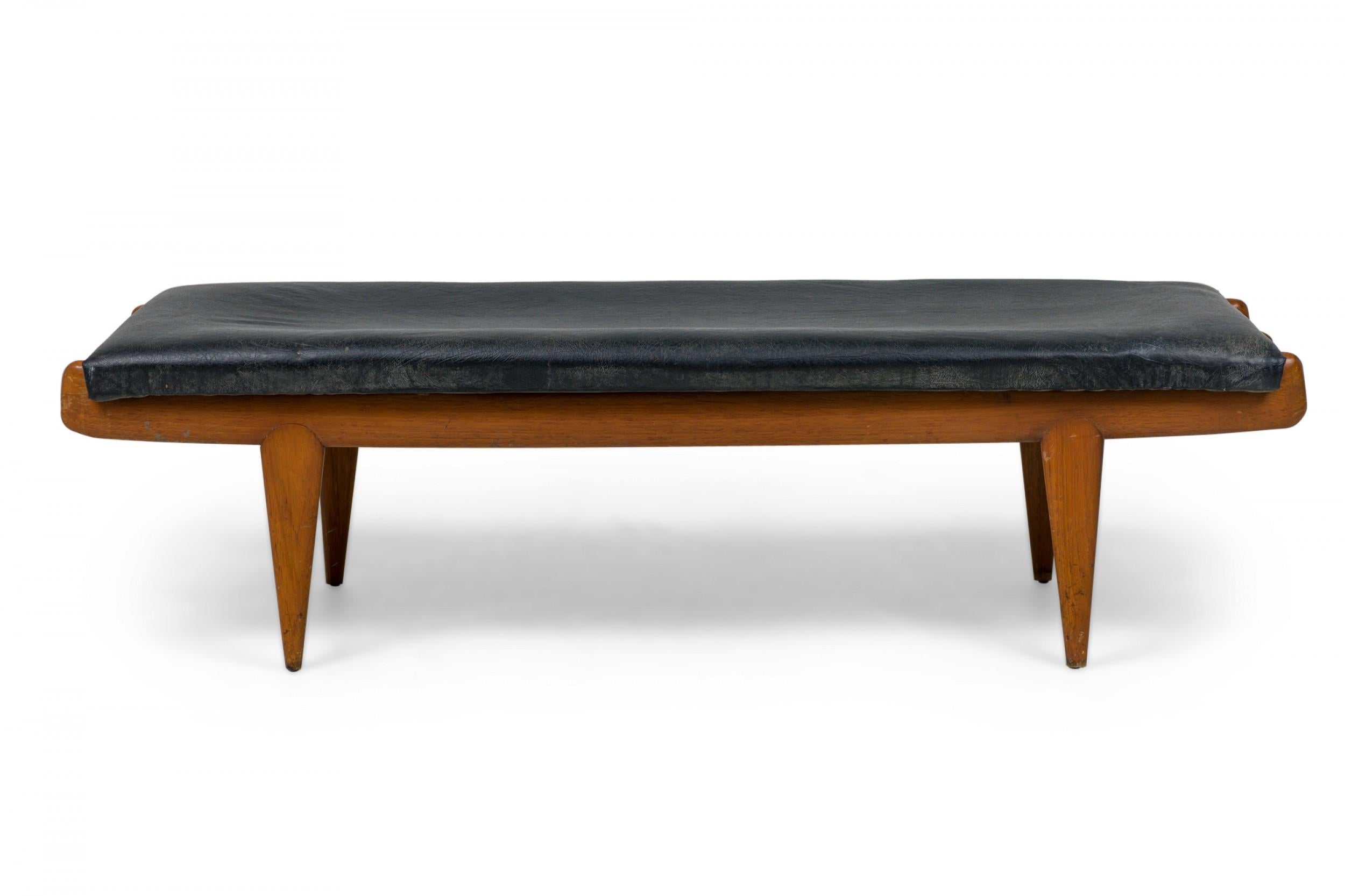 Vittorio Dassi Italian Modern Walnut and Black Leather Upholstered Long Bench