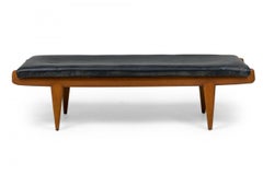 Vintage Vittorio Dassi Italian Modern Walnut and Black Leather Upholstered Long Bench