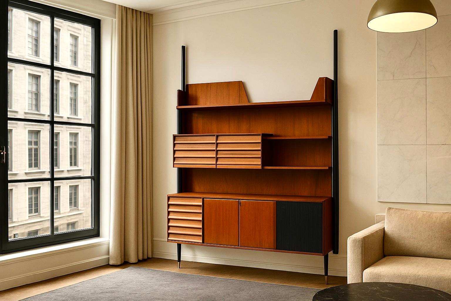 Elevate your interior with this exquisite and rare mid-century modern wall unit designed by Vittorio Dassi, a true icon of Italian craftsmanship.
Meticulously crafted in the 1950s, this sculptural piece showcases the sophistication and refined